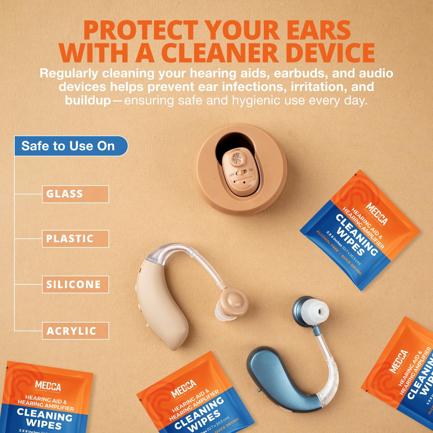 Hearing Aid Cleaning Wipes - 100 Individually Wrapped Pre-Moistened Alcohol-Free Wipes for Hearing Aids, Amplifiers, Earbuds, Audio & Electronics - Portable, Quick-Drying, Gentle, Daily Use & Travel