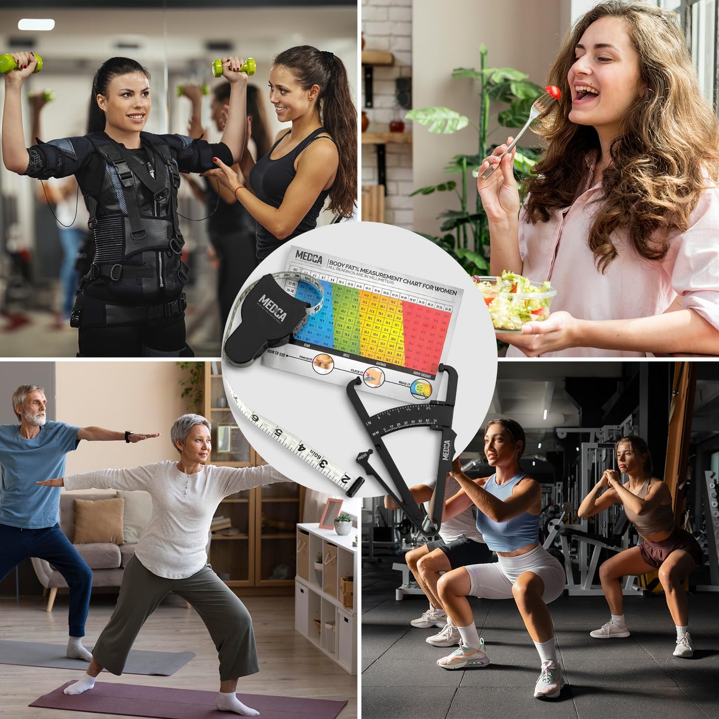 Body Tape Measure and Skinfold Caliper for Body Set - (Pack of 4) - Skin Fold Body Fat Analyzer and BMI Measurement Tool by MEDca