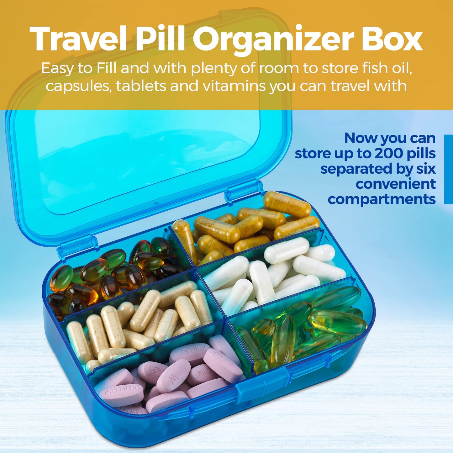 Vitamin Organizer - Travel Pill Organizer Box & 6 Compartment Daily Medicine Case Container for Organizing Your Pills, Medications, Supplements, Vitamins and Fish Oils for Every Day Use by MEDca