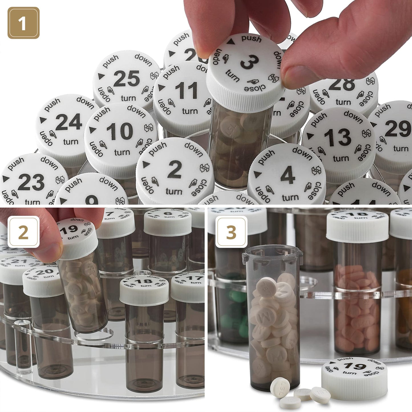 Monthly Pill Bottle Organizer Caddy - 31 Numbered Full-Size Pill Bottles w Child-Proof Lids for Each Day of the Month- Clear Rack and Easy to Use for Daily Dose of Medication Vitamins and Supplements