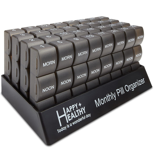 Month Pill Box Organizer - 32 Compartments | Morning-Noon-Night - 30 Day Pill Case with 32 Daily Compartments for Vitamins, Supplements, Medication - Travel Monthly Pill Organizer 3 Times-a-Day, Black