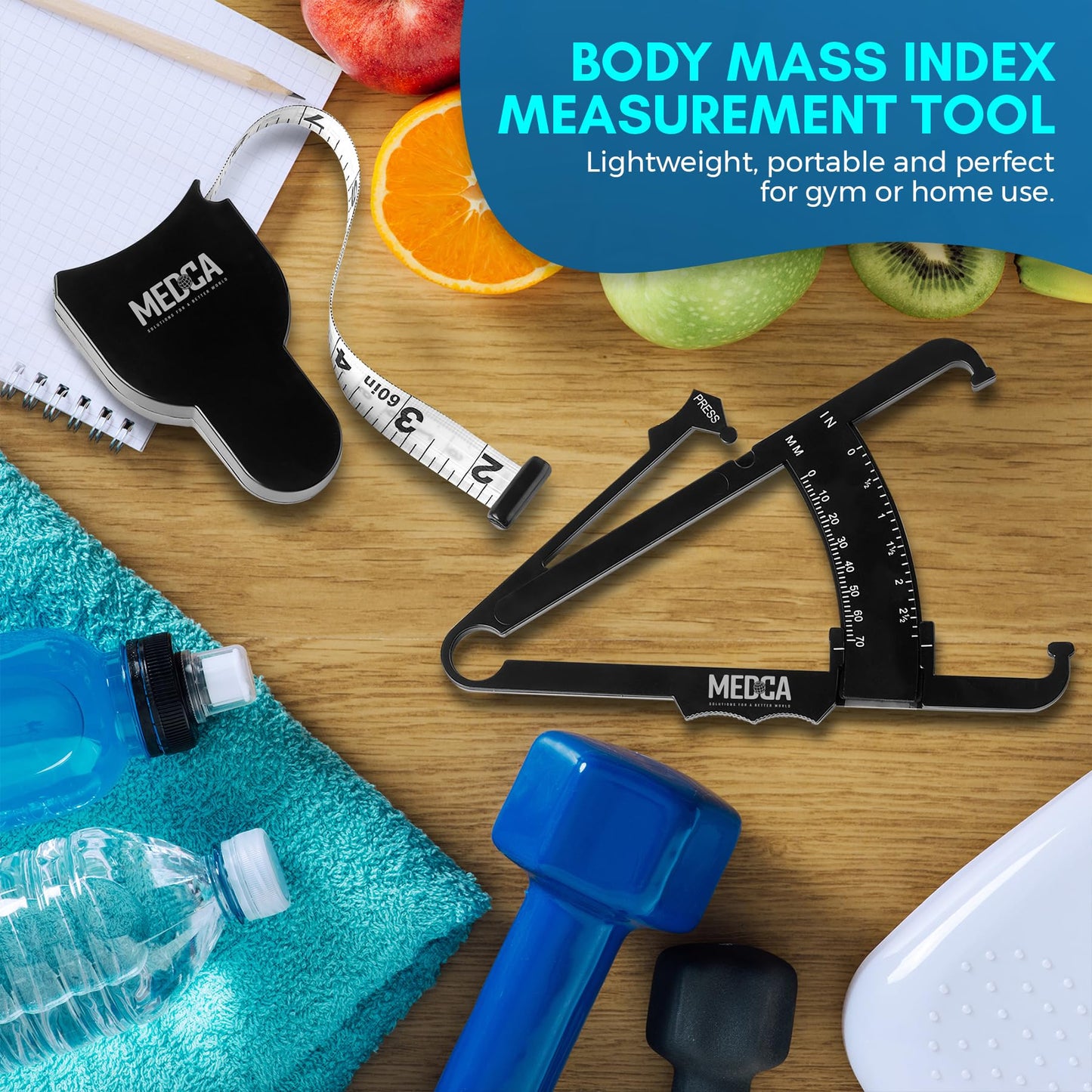 MEDca Body Fat Caliper and Measuring Tape for Body - Skinfold Calipers and Body Fat Tape Measure Tool for Accurately Measuring BMI Skin Fold Fitness and Weight-Loss, (Black)