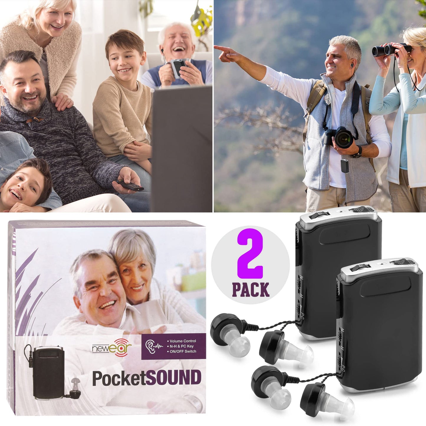 Rechargeable Personal Sound Amplifier - Pack of 2, Lightweight Compact Pocket Sounds Voice Enhancer Audio Hearing Device w/Background Noise Reduction Digital Hearing for Adults and Seniors