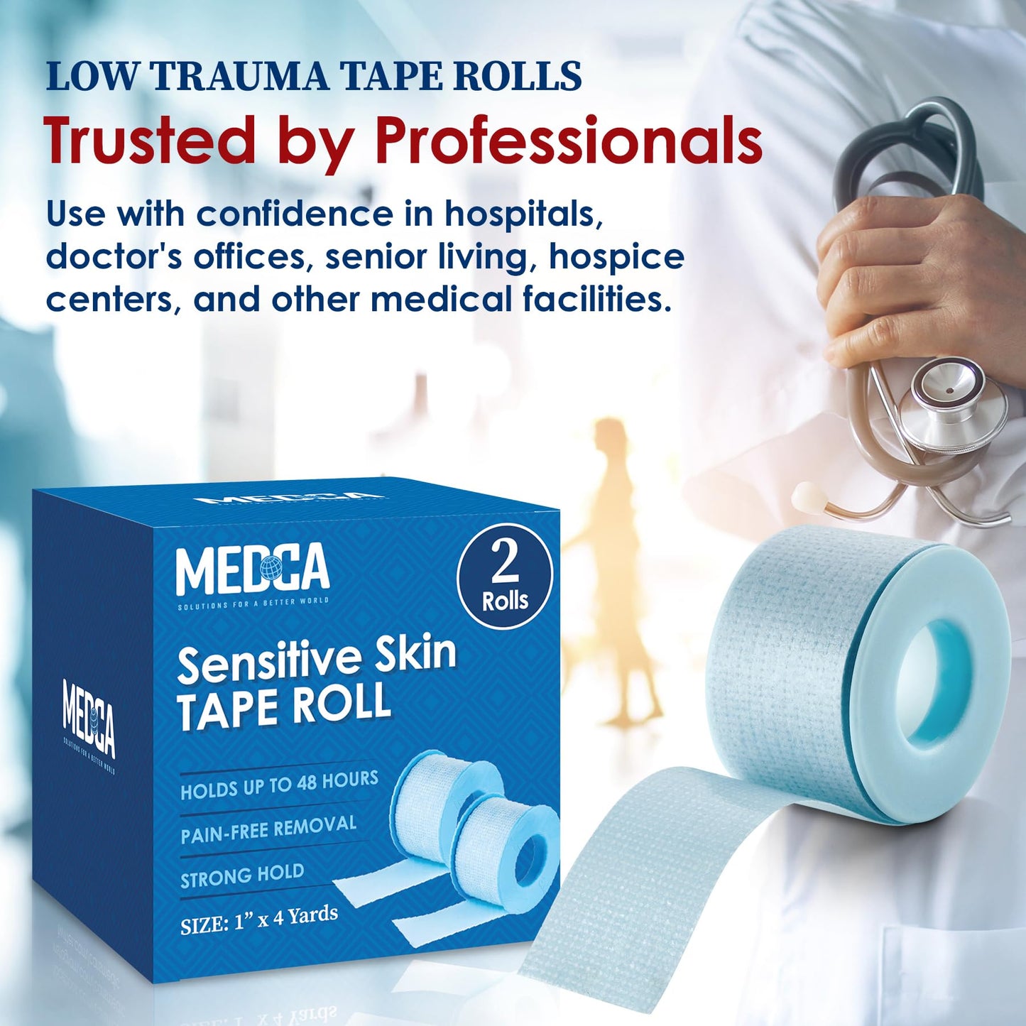 MEDca Sensitive Skin Low Trauma Tape Rolls - 1 Inch x 4 Yards Blue Tape First Aid Rolls, Minimal Hair Pulling for Wounds, Lash Tape for Eyelash Extensions (Pack of 2)