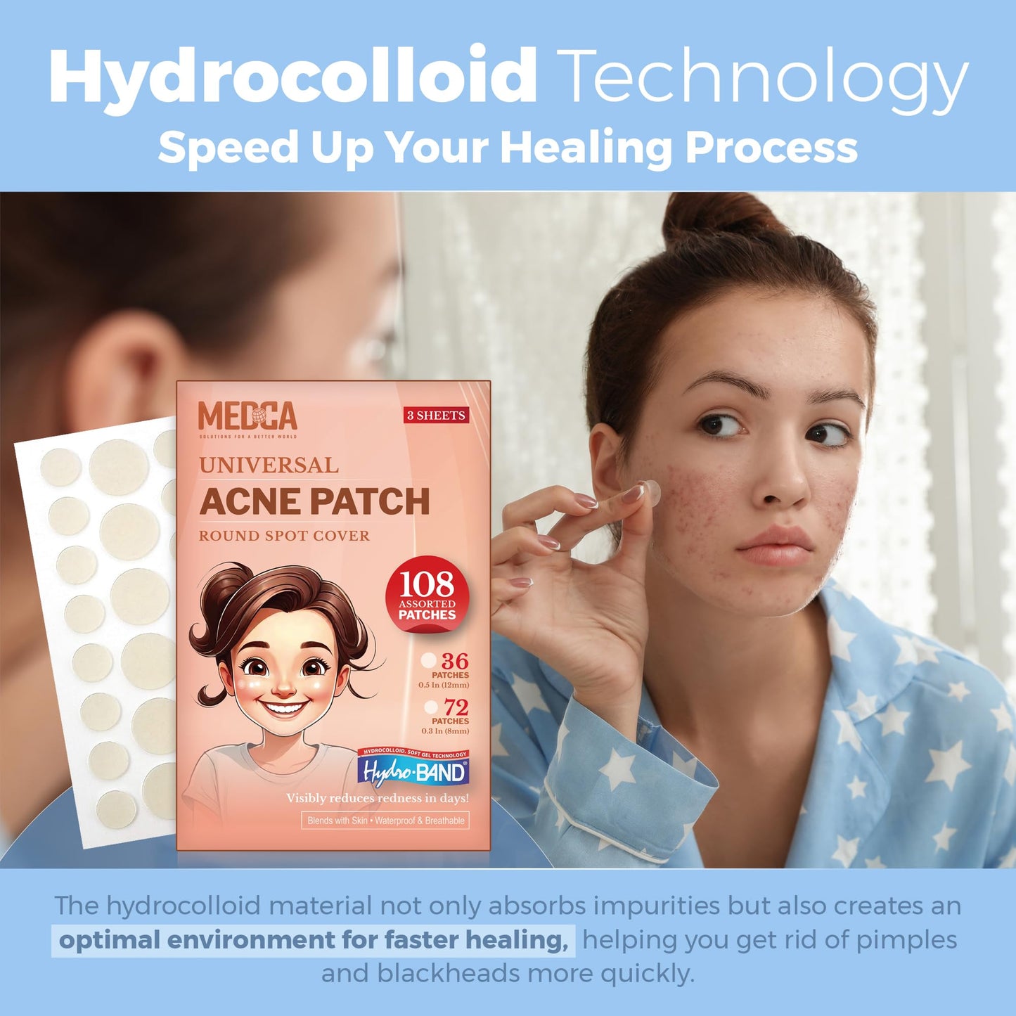 Acne Patches for Face - Hydrocolloid Bandages (108 Count) Pimple Patches for Face in 2 Universal Sizes, Acne Spot Treatment Care for Face & Skin Spot Patch Conceals Zits, Acne and Blackheads