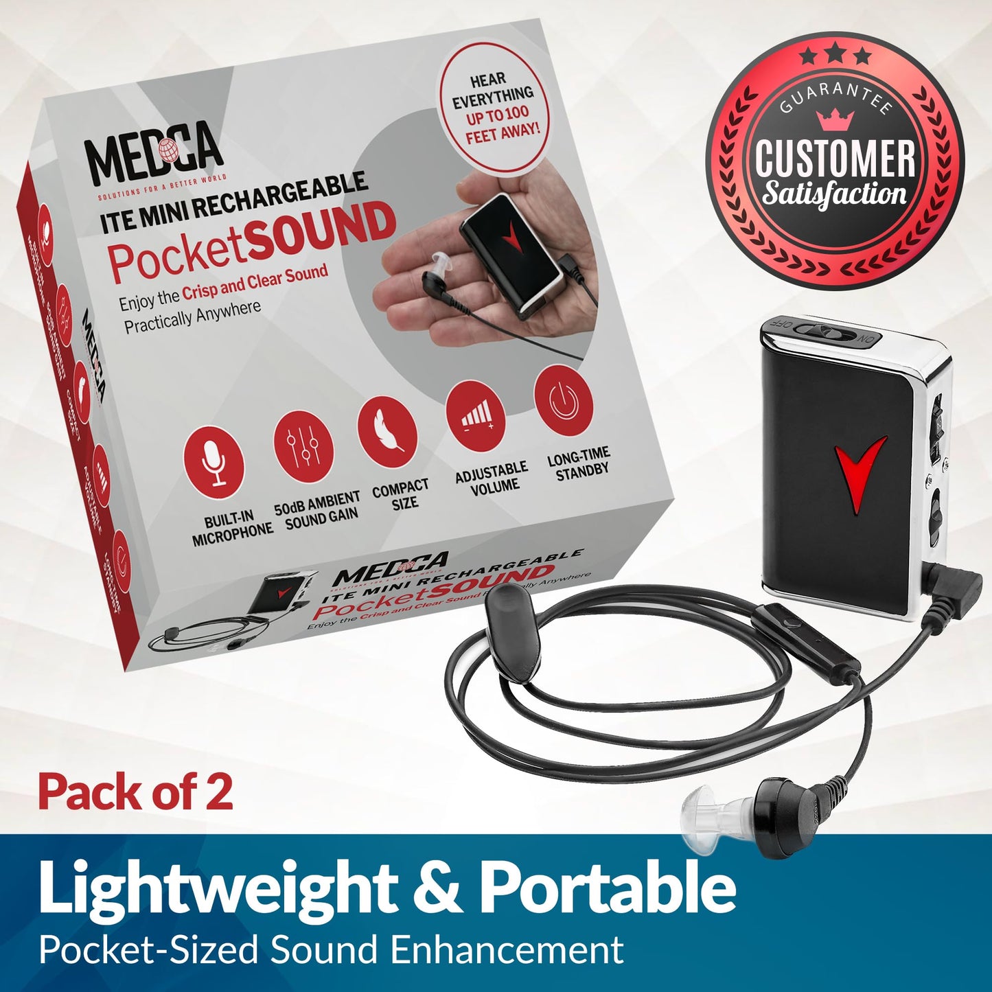 Personal Sound Amplifiers - (2 Pack) Personal Audio Amplifier Device and Voice Enhancer Device for Sound Gain of 50dB, Up to 100 Feet Away, Pocket Hearing Devices