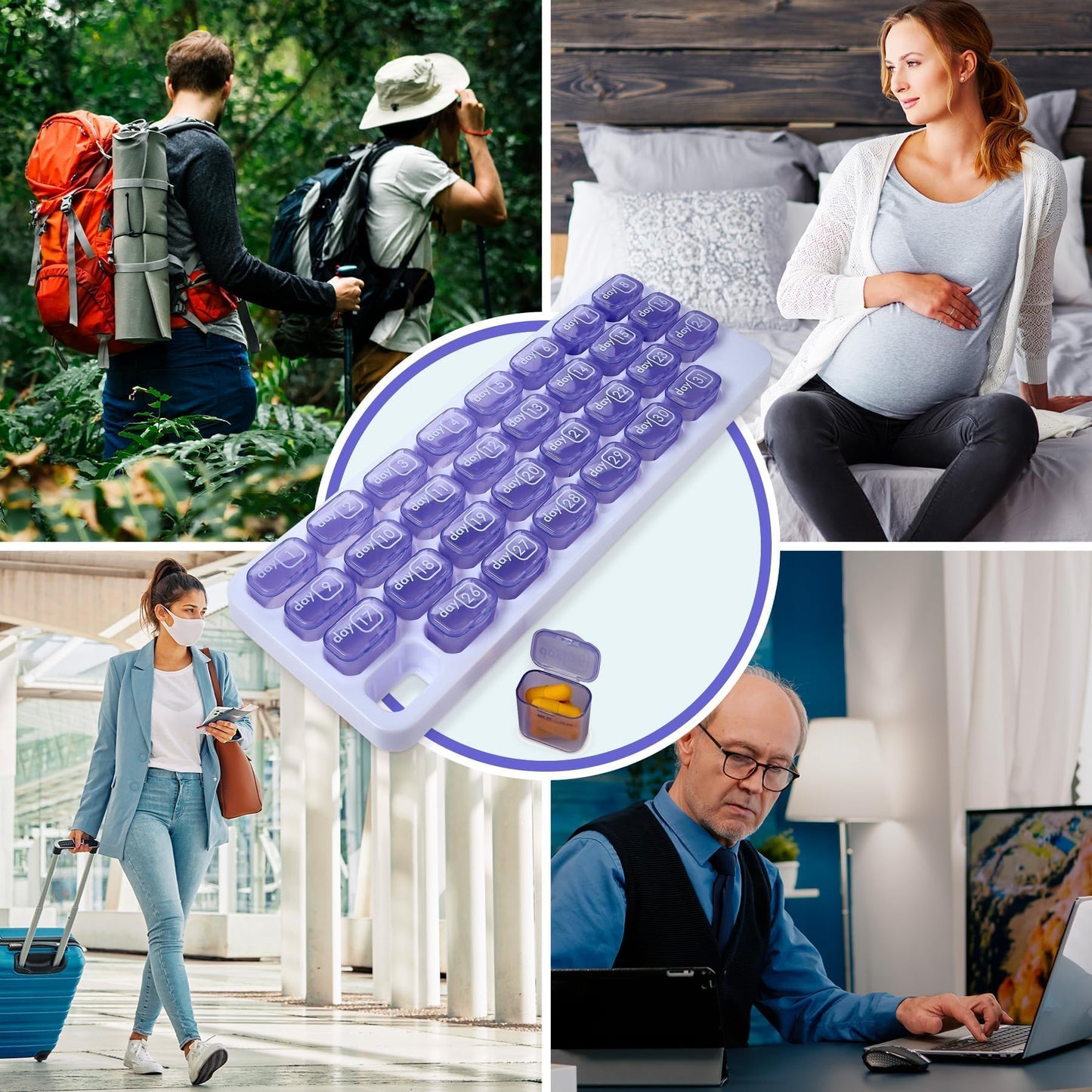 Monthly Pill Organizer - 31 Day Pill Organizer with Large Removable Medication Pods, Portable Pill Case Box and Holder for Daily Medicine and Vitamins for Travel, Purple