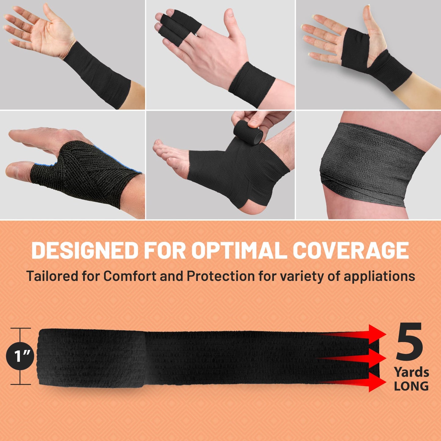 Self-Adherent Cohesive Bandage - Pack of 6 Rolls - 1" Wide x 5 Yards - Athletic Sports Tape for Medical Use, Sports, First Aid and Helps Protect Skin, Black