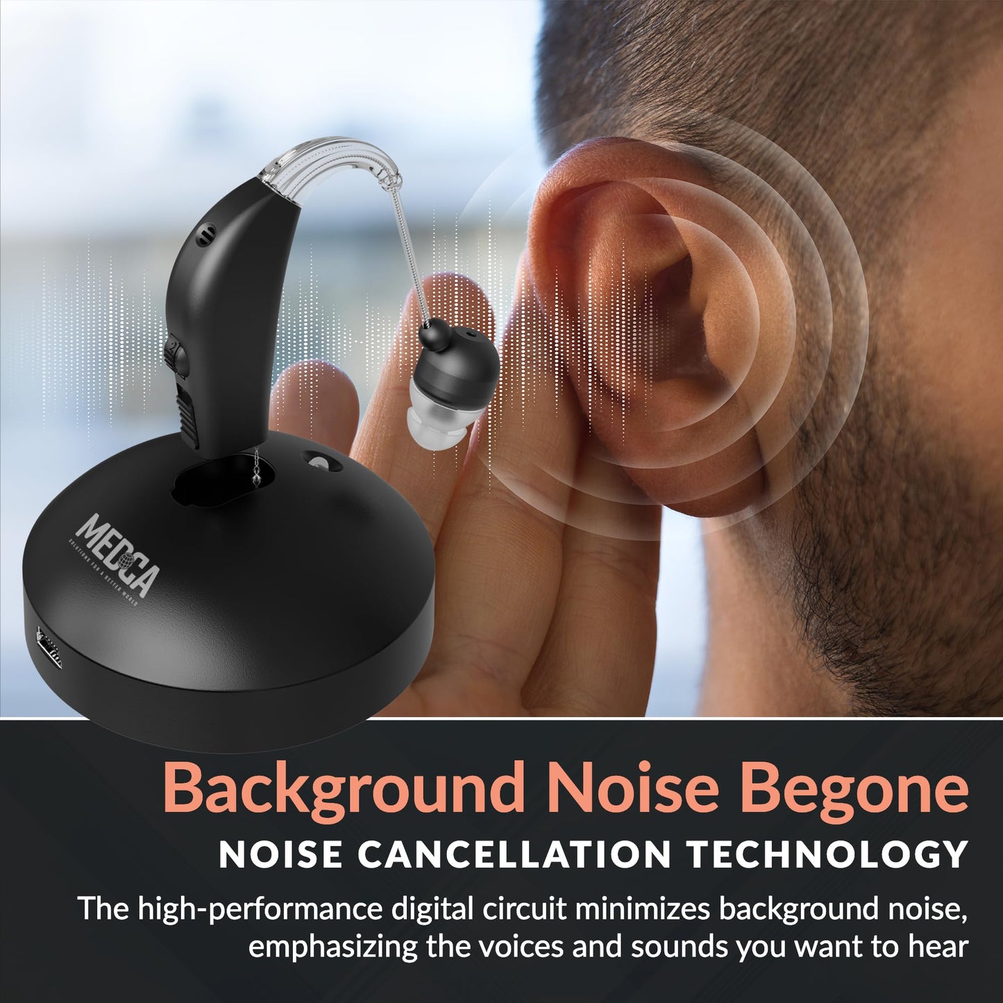 MEDca Rechargeable Digital Hearing Amplifier - Personal Sound Amplification Ear Device for Seniors | All-Day Battery Life, Lightweight Behind the Ear BTE Sound and Voice Hearing Aid | MZB-17 | Black