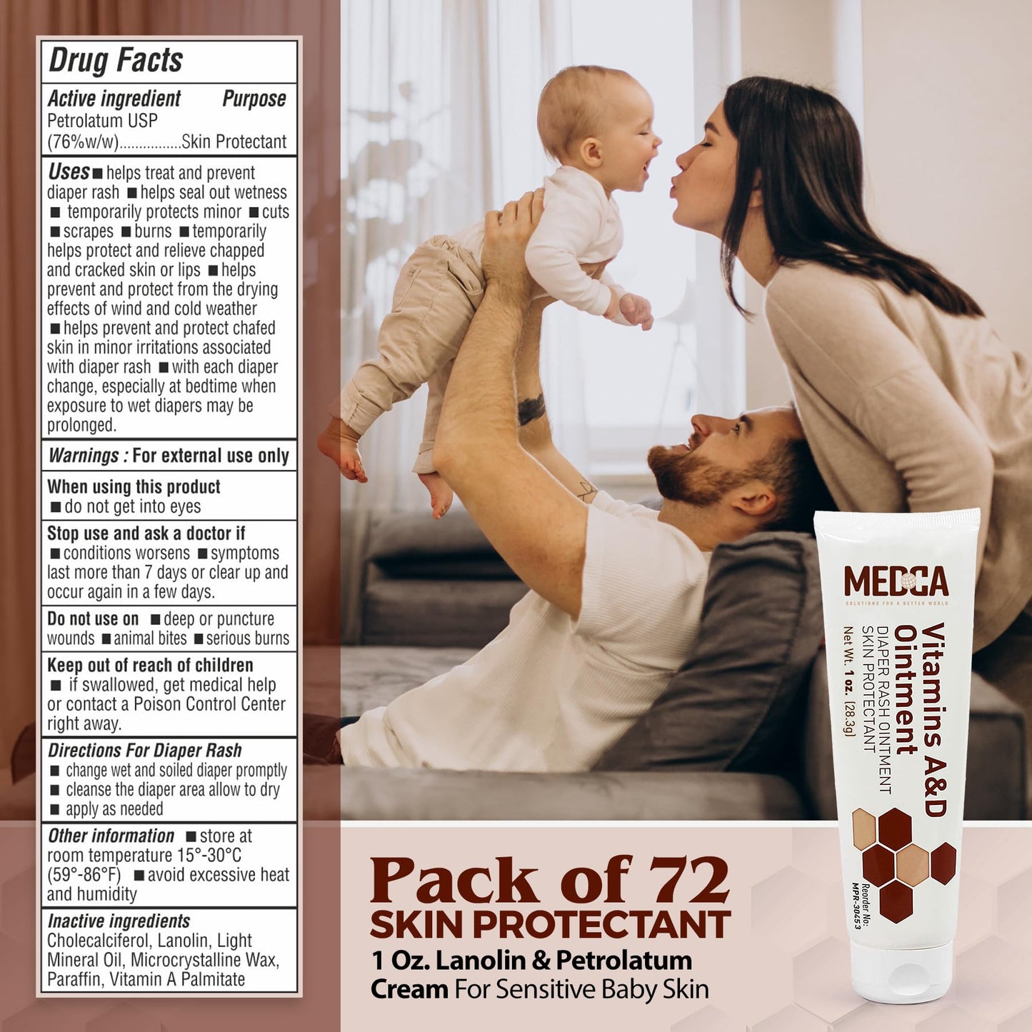 MEDca Vitamin A & D Diaper Rash Ointment- Protectant Cream For Sensitive Baby Skin - Lanolin & Petrolatum Formula, Dry-Cracked Hands/Feet/Face Skin, 1oz Tube, Bulk Case of 72
