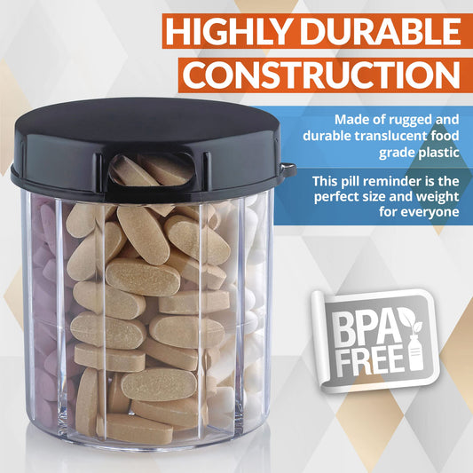 Round Pill Organizer Dispenser - Pack of 2 - Pill Boxes with 4 Compartments for Medication, Vitamins & Supplements Bottle Daily Pill Case Reminder Box, (Black and Clear)