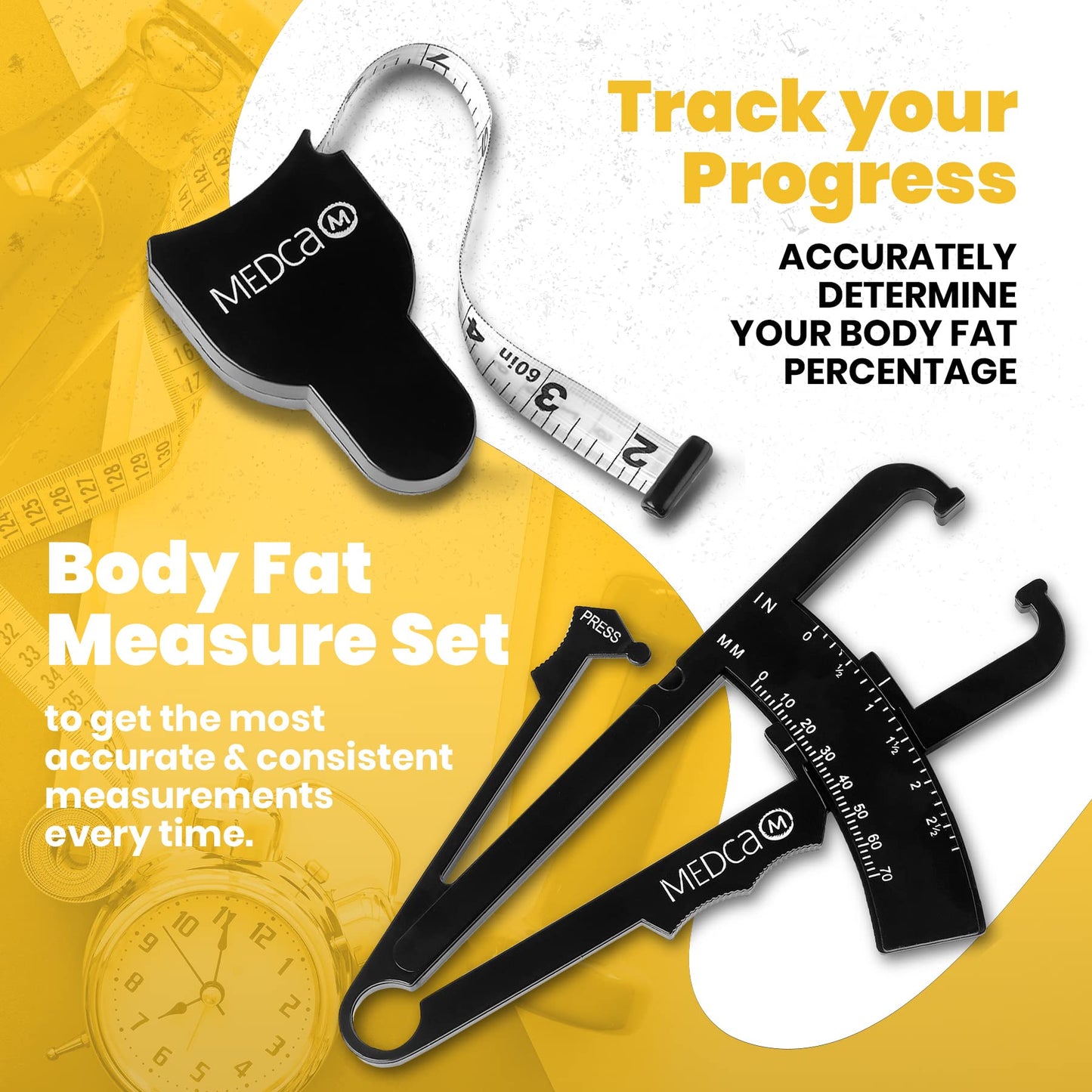 Body Fat Caliper and Measuring Tape for Body - Pack of 2 Skinfold Calipers and Body Fat Tape Measure Tools for Accurately Measuring BMI Skin Fold Fitness and Weight-Loss, (Black & White)