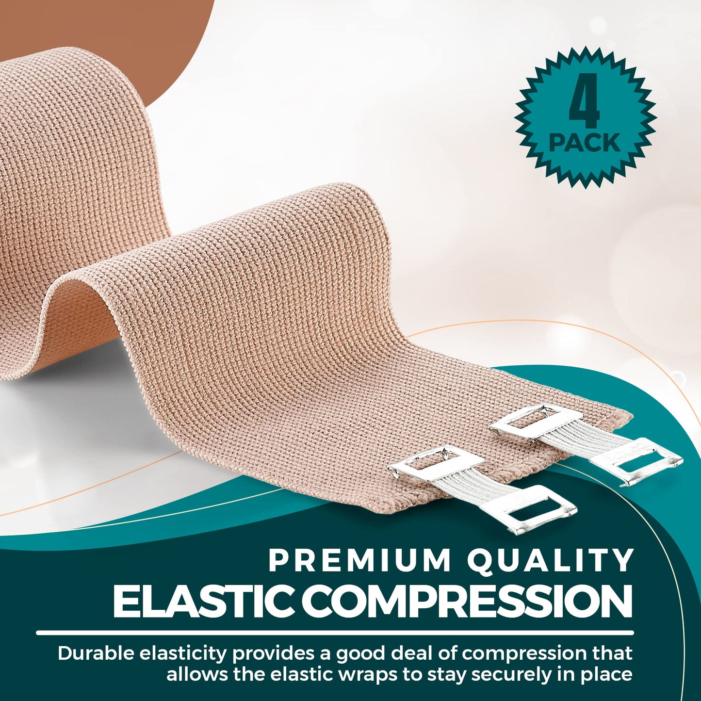 MEDca Elastic Compression Bandage Wrap - First Aid Bandages Roll Measures 2", 3", 4", 6" x 5 Ft with 4 Extra Hooks | Athletic Sports Stretch Wraps for Ankle, Wrist, Arm & Leg Sprains (Pack of 4)