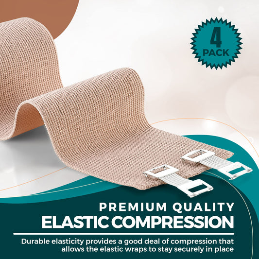 MEDca Elastic Compression Bandage Wrap - First Aid Bandages Roll Measures 2", 3", 4", 6" x 5 Ft with 4 Extra Hooks | Athletic Sports Stretch Wraps for Ankle, Wrist, Arm & Leg Sprains (Pack of 4)