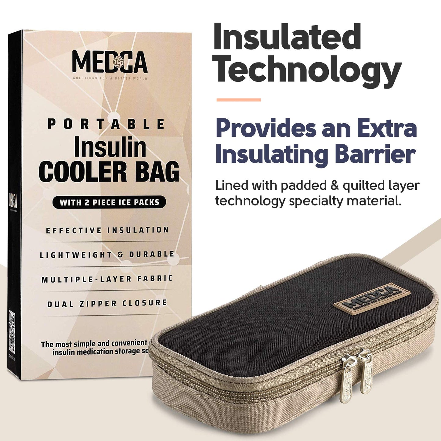Insulin Cooler Travel Case - Insulated Portable Diabetic Pouch with 2 Gel Ice Packs - Reusable Lightweight & Durable Organizer Bag Cooler for Medications Diabetes Pen, and Supplies, (Black & Tan)