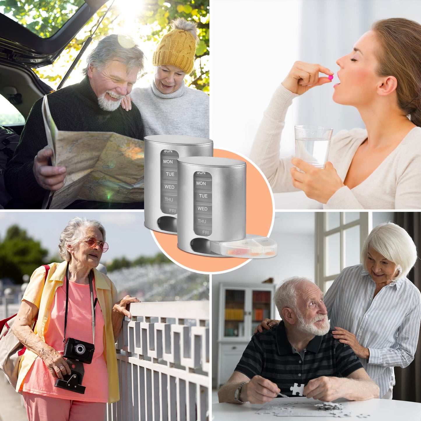 Stackable Daily Pill Organizers - (Pack of 2) Weekly Medication Reminder with 7 Individual Stacking Cases - AM/PM Pill Boxs with 4 Times a Day, a Everyday Medicine Organizer, Silver