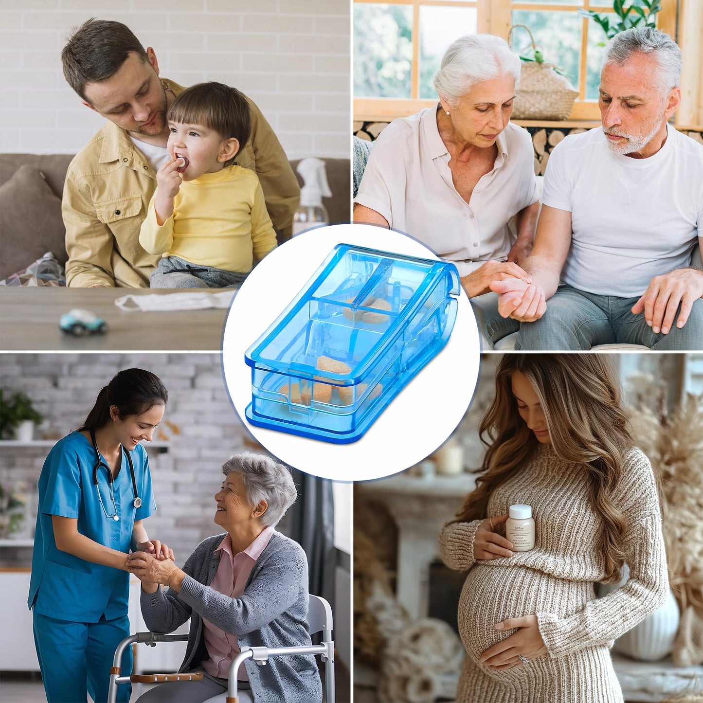 Pill Cutter - V- Grip Pill Crusher and Cutter for Vitamins, Big & Small Pills, and Medication - Transparent Pill Splitter with Pill Holder Case to Split