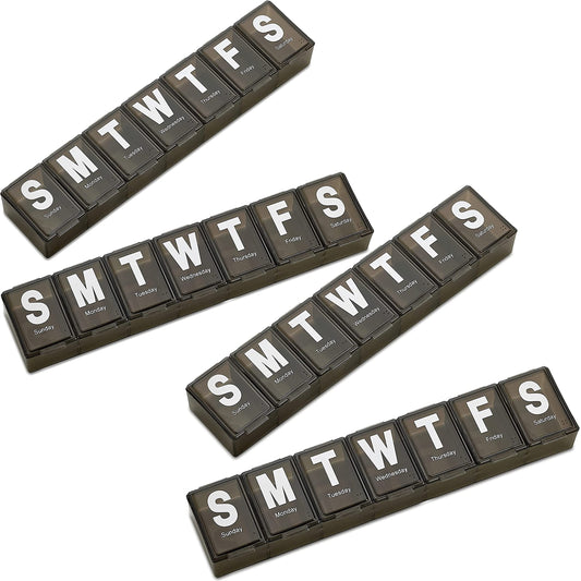 Weekly Pill Organizer - (Pack of 4) Extra Large Vitamin Container with Jumbo Easy to Read Letters, BPA Free - Daily Travel 7 Day Medication Pill Box Case, (Black)