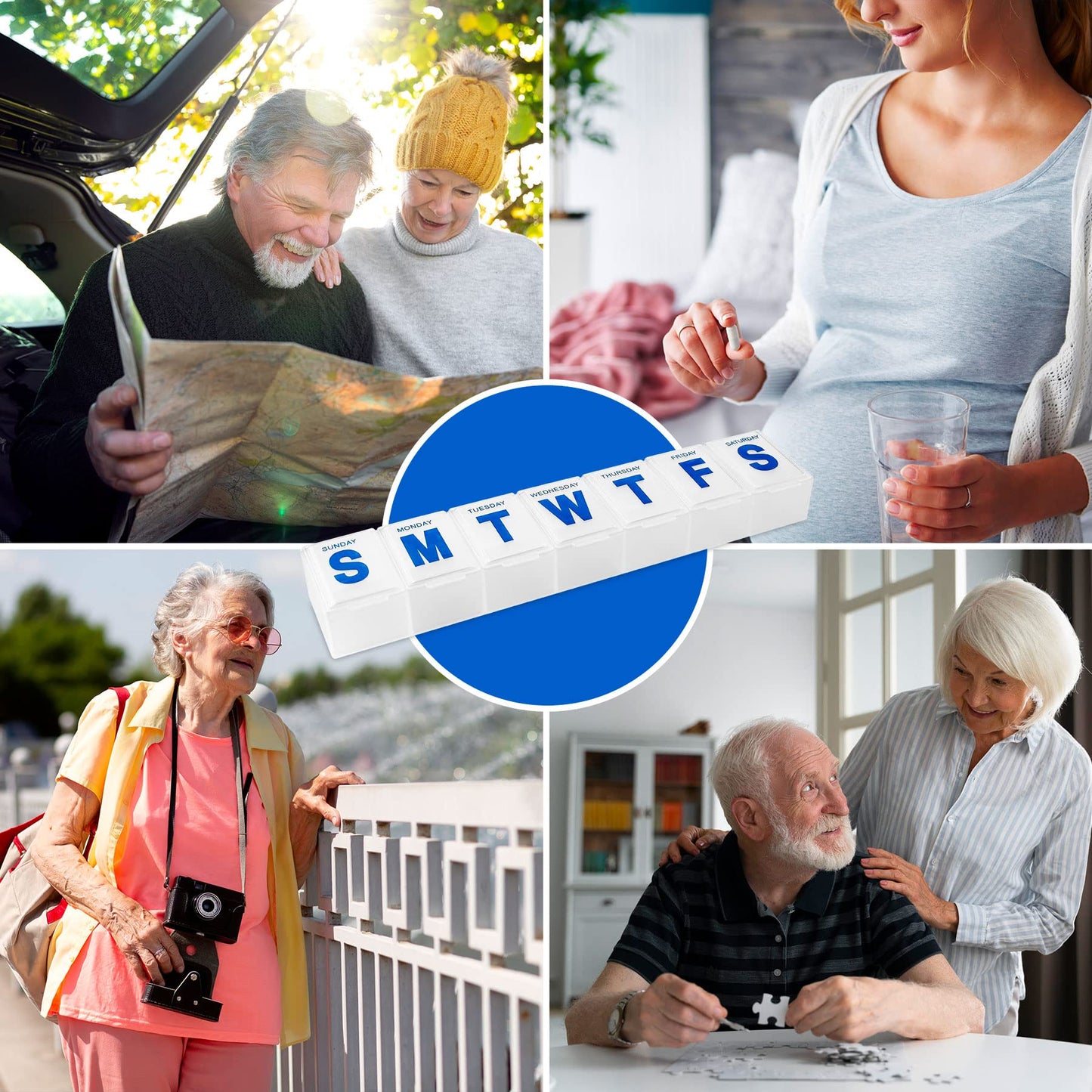 Weekly Pill Organizer - 7-Day Pill Planner Extra Large Pill Planner and Daily Pill Organizer and Medicine Reminder, Monday to Sunday Compartments - BPA Free - Travel Pill Box Case (Pack of 4)