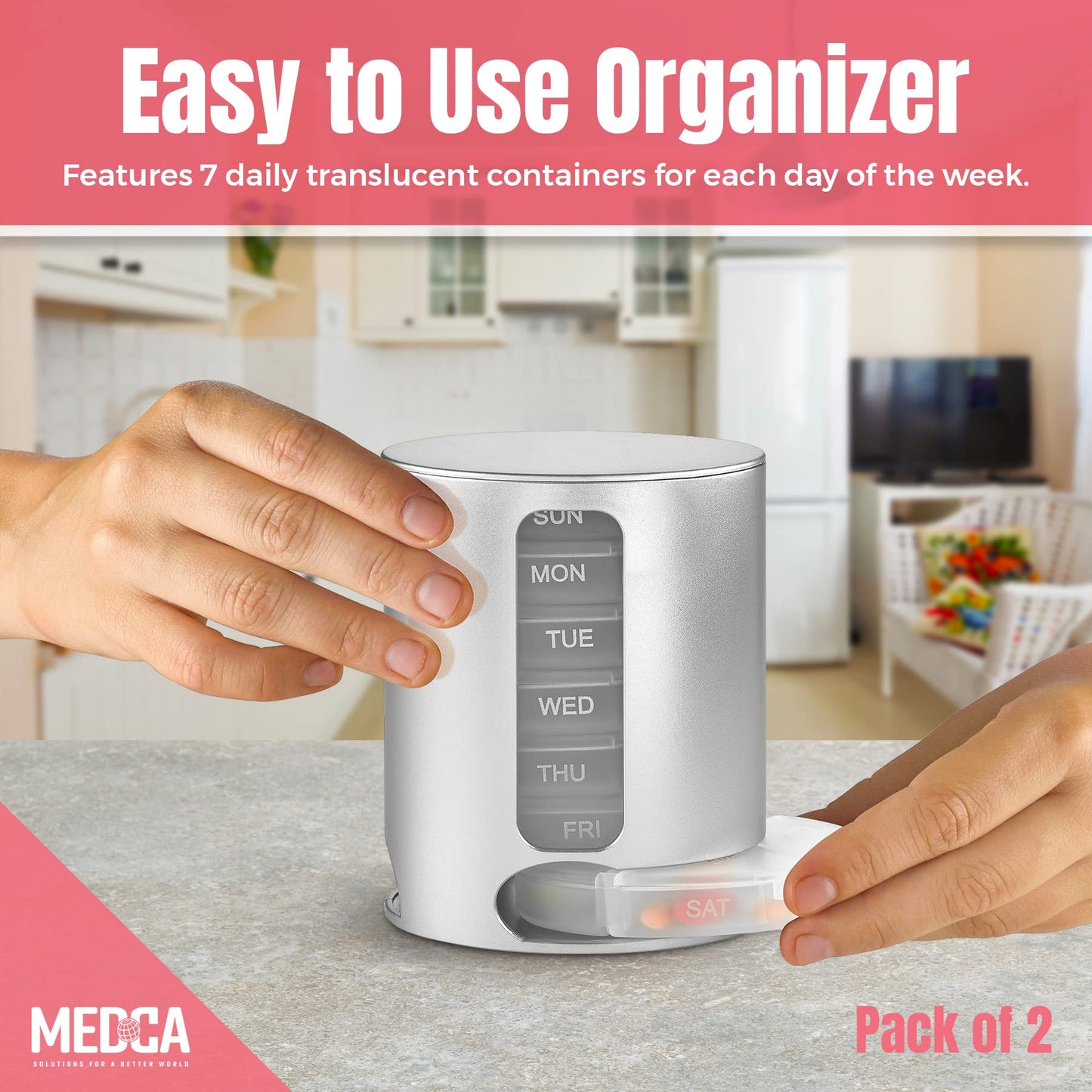 Stackable Daily Pill Organizers - (Pack of 2) Weekly Medication Reminder with 7 Individual Stacking Cases - AM/PM Pill Boxs with 4 Times a Day, a Everyday Medicine Organizer, Silver