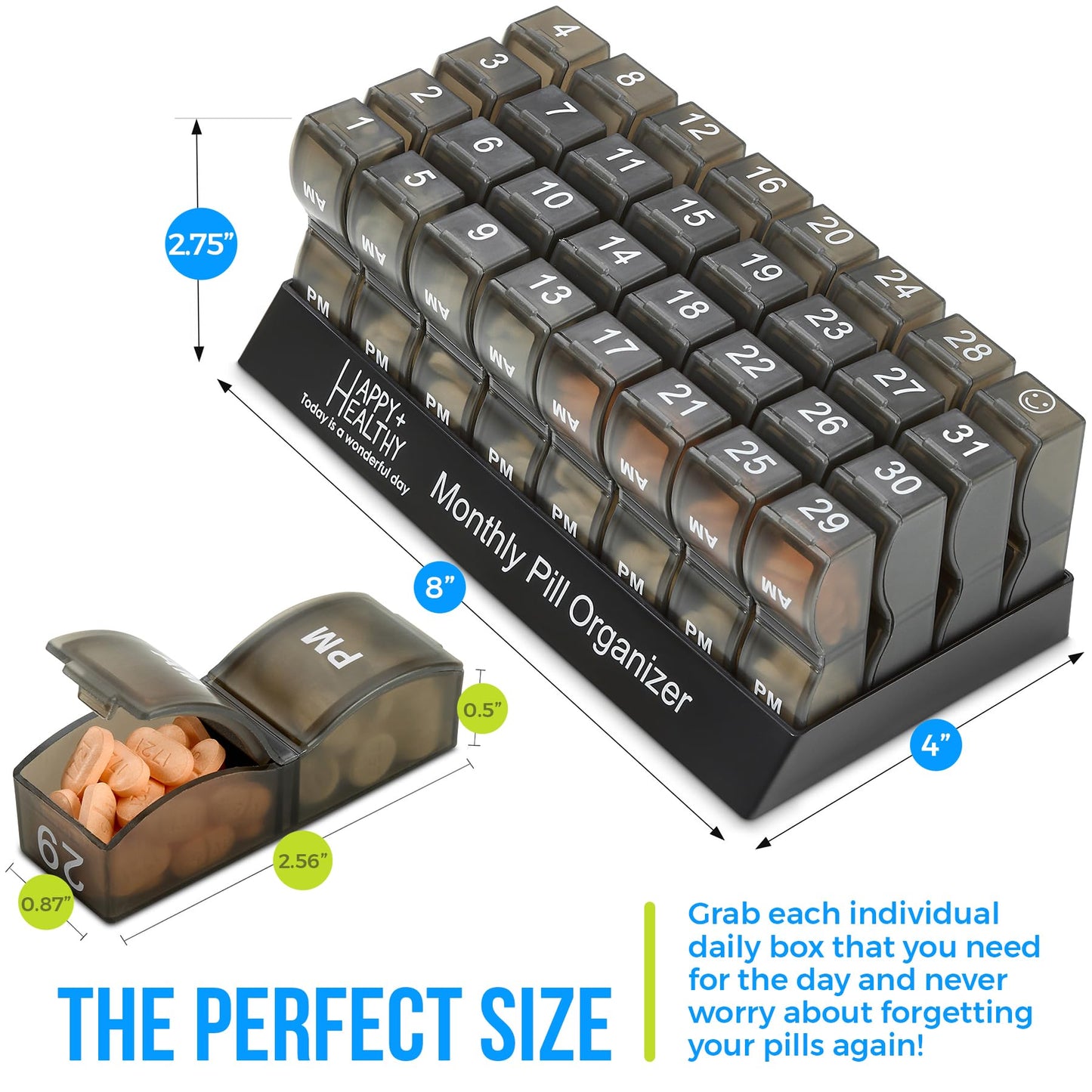 Monthly Pill Organizer - Am/Pm Daily Pill Organizer 32 Compartments for Each Day, Pill Dispenser and Dispenser Caddy That Helps You Organize Your Life, Perfect for Supplements and Medication, Black