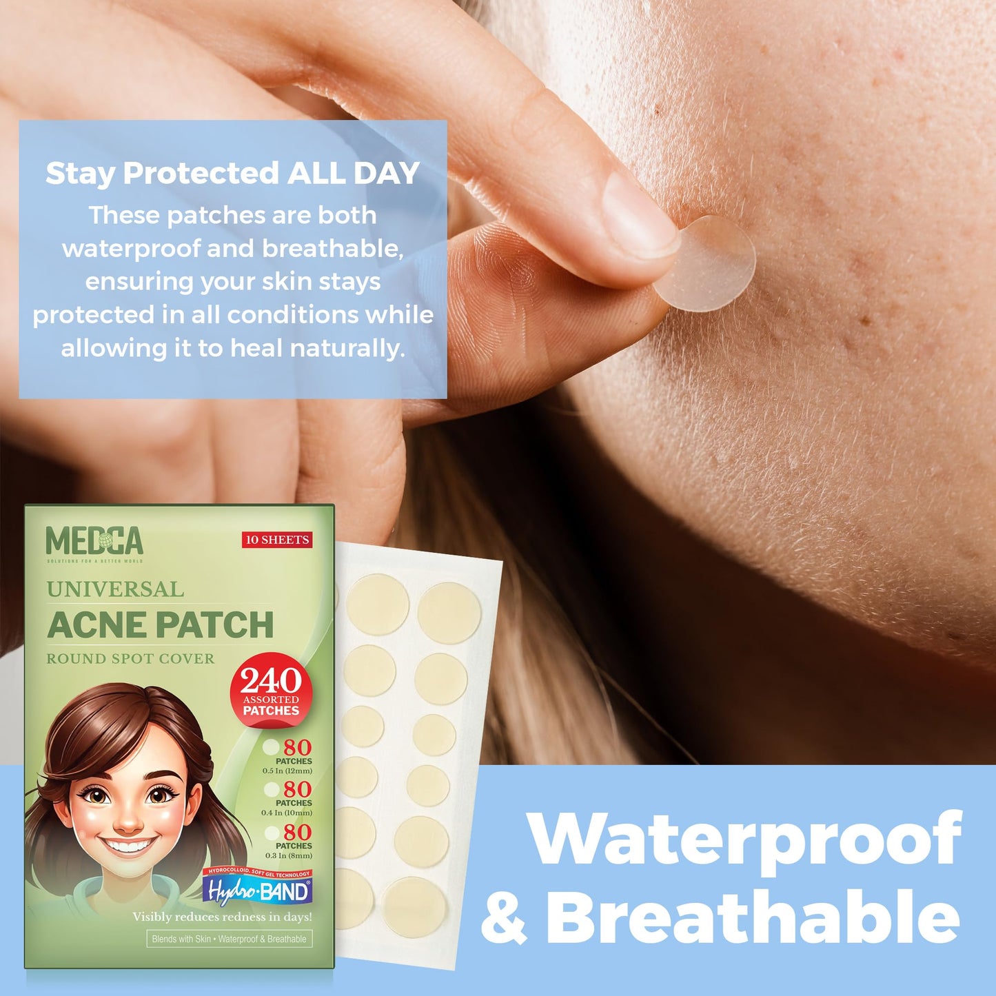 Acne Absorbing Covers - Hydrocolloid Acne Care Bandages (240 Count) Three Universal Patch Sizes, Acne Blemish Treatment for Face & Skin Spot Pore Patch that Conceals, Reduce Pimples and Blackheads