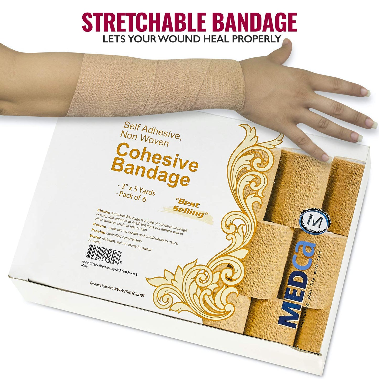 Self Adherent Wrap - Bulk Pack of 6, Athletic Tape Rolls and Sports Wraps, Self Cohesive Non-Woven Adhesive Bandage (3 In x 5 Yards) for Ankle Sprains & Swelling