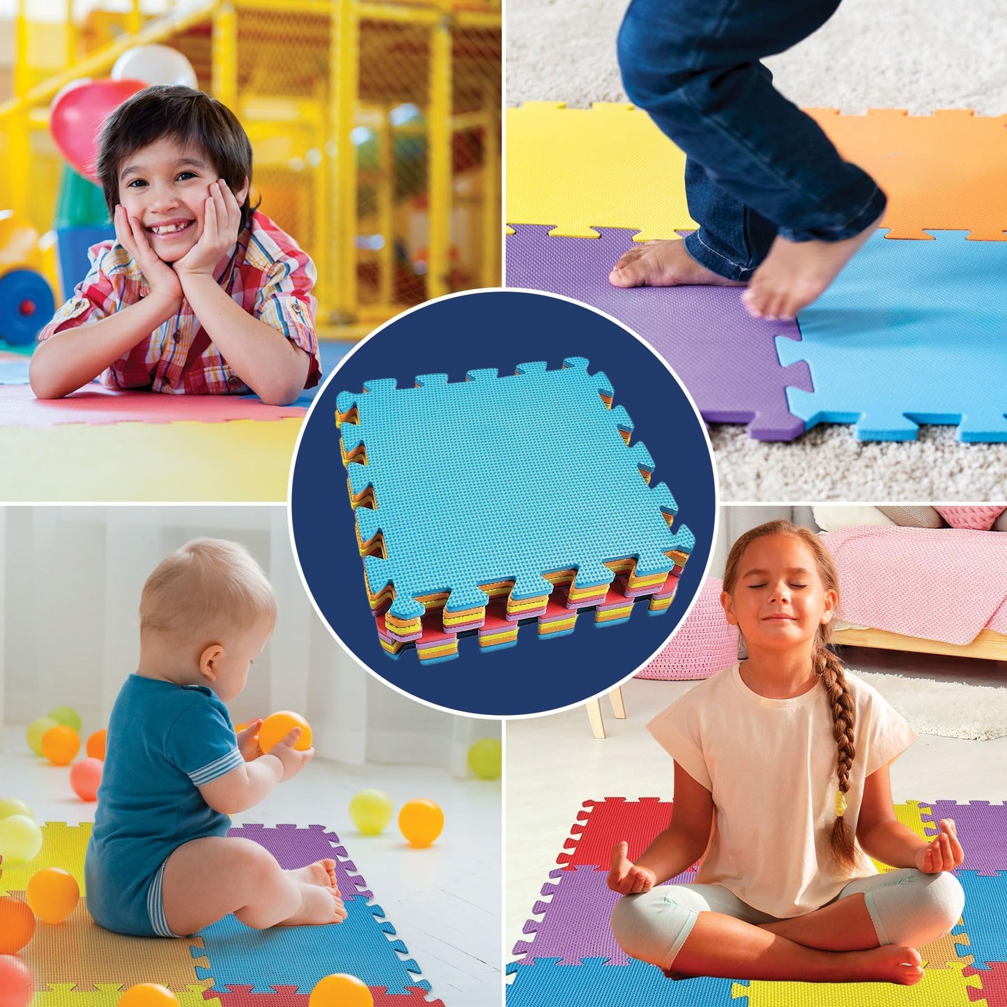CREATIVE TIME Floor Mat 10-Tile Exercise Mat Solid Foam EVA Playmat Kids Safety - 10-Pcs of (1) Random Solid Color, Receive Either Red, Blue, Green, Yellow, Purple or Orange