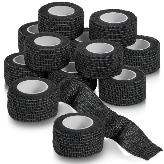 Self-Adherent Cohesive Bandage - (12 Count) - 1" Wide x 5 Yard Rolls - Athletic Sports Tape for Medical Use, Sports, First Aid and Helps Protect Skin, Black