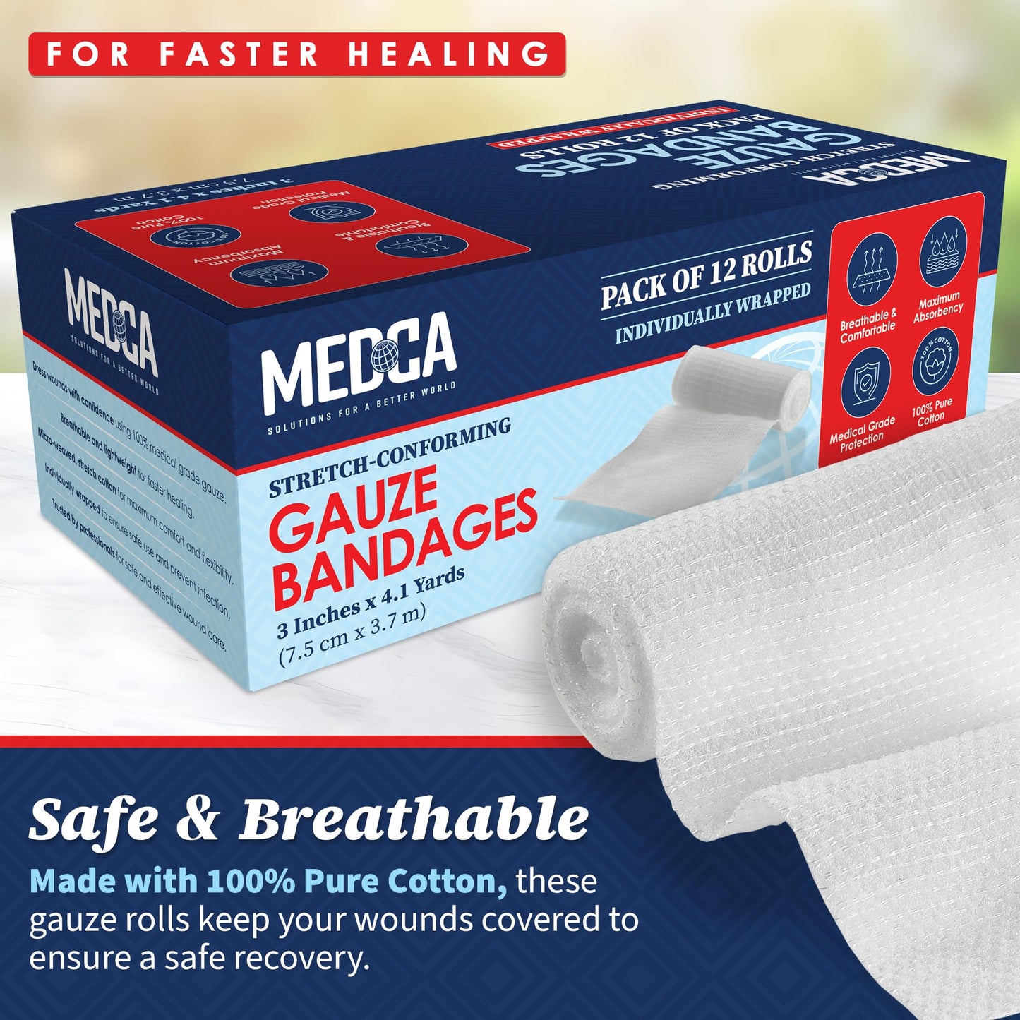 Gauze Bandage Rolls - (12 Pack) 3 in x 4.1 Yards Per Roll of Medical Grade Gauze Bandage and Stretch Bandage Wrapping for Dressing All Types of Wounds and First Aid Kit by MEDca, (3-Inch, 12 Pcs)