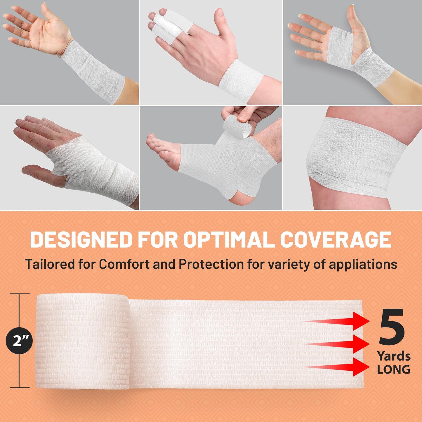 Self Adherent Cohesive Tape - (Pack of 12) 2” x 5 Yards, Self Adhesive Bandage Rolls & Sports Athletic Wrap for Ankle, Wrist, Knee Sprains and Swelling, Vet Wraps in White Color