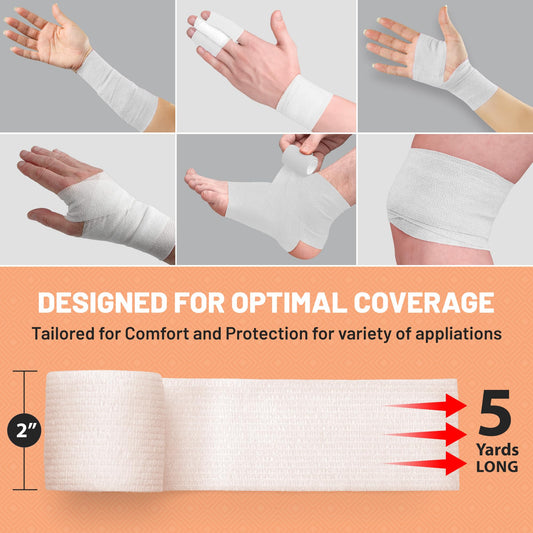Self Adherent Cohesive Tape - (Pack of 12) 2” x 5 Yards, Self Adhesive Bandage Rolls & Sports Athletic Wrap for Ankle, Wrist, Knee Sprains and Swelling, Vet Wraps in White Color