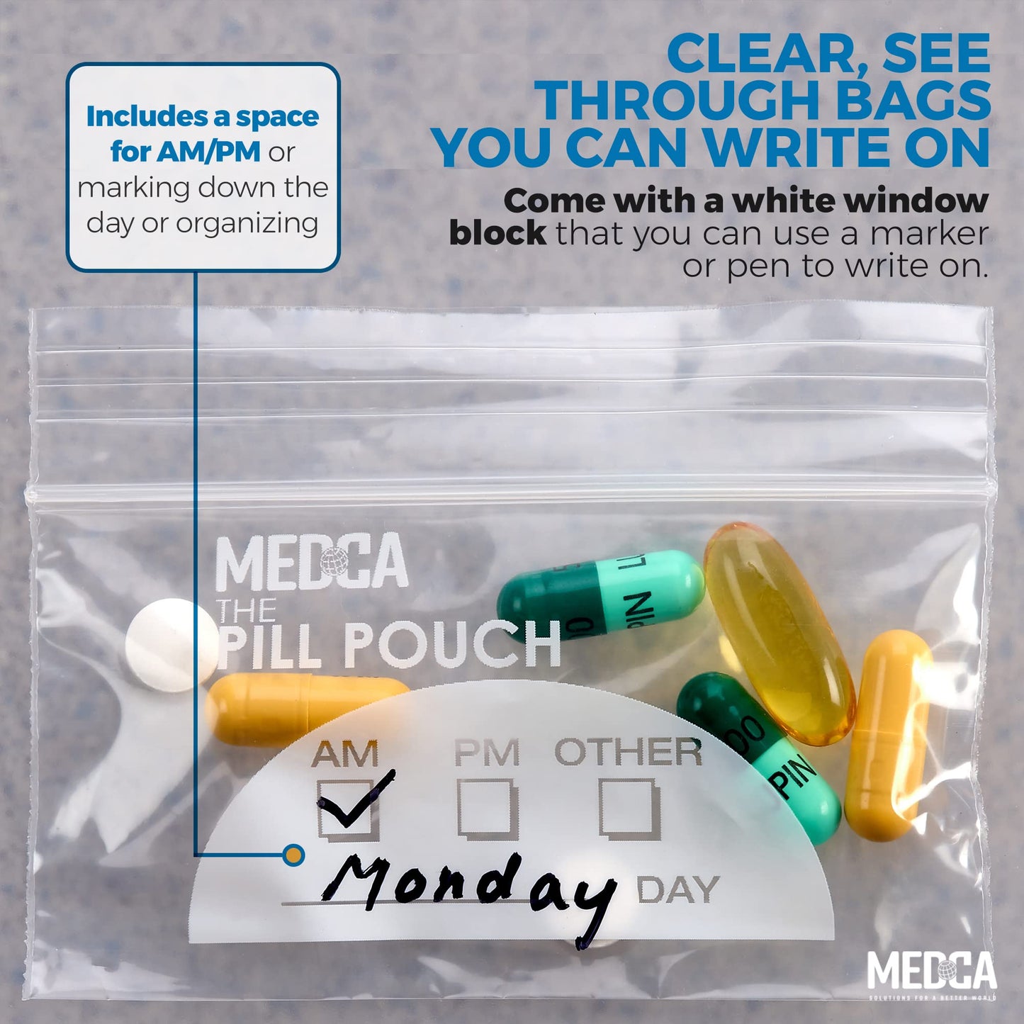 Pill Pouch Bags - (Pack of 100) 4'' x 2.75" - 3 Mil BPA-Free, Poly Bag Disposable Zipper Pills Baggies, Daily AM PM Travel Medicine Organizer Storage Pouches, Best Clear Reusable with Write-on Labels