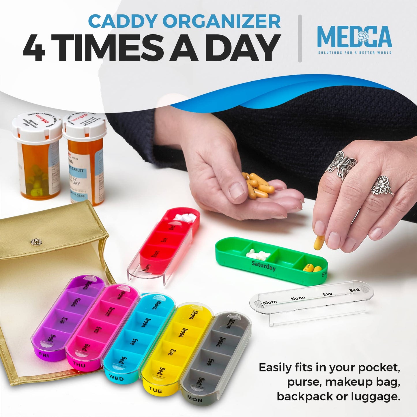 Weekly Travel Pill Organizer - Prescription and Medication Wallet Pill Box Reminder, Pill Container Dispenser Case, Vitamin Caddy Organizer, for 4 Times A Day, 7 Days a Week