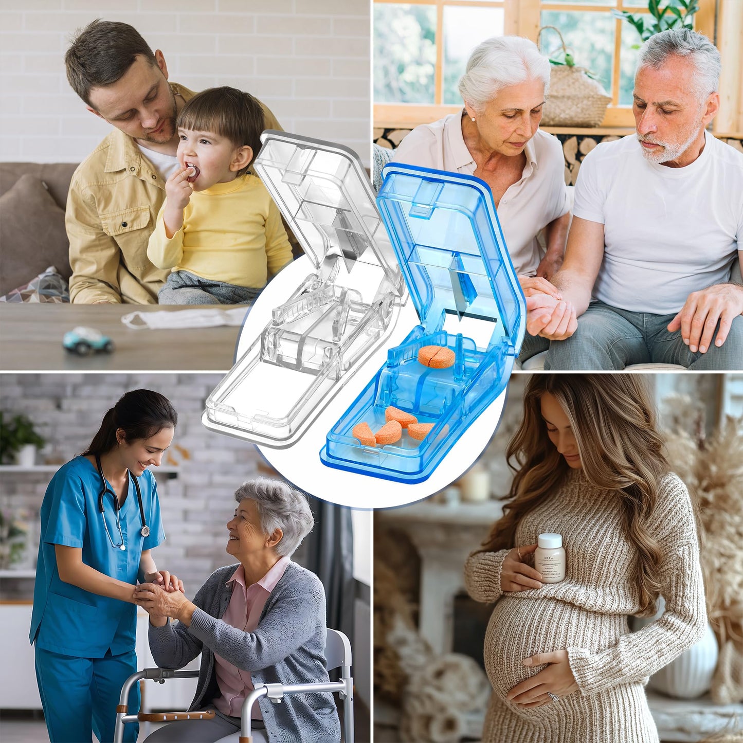 Pill Splitters - (Pack of 2) Pill Cutters with V- Grip for Small and Medication - Easily Cut Pills, Splitter | Cutter and Crusher with Pill Holder Case to Spli