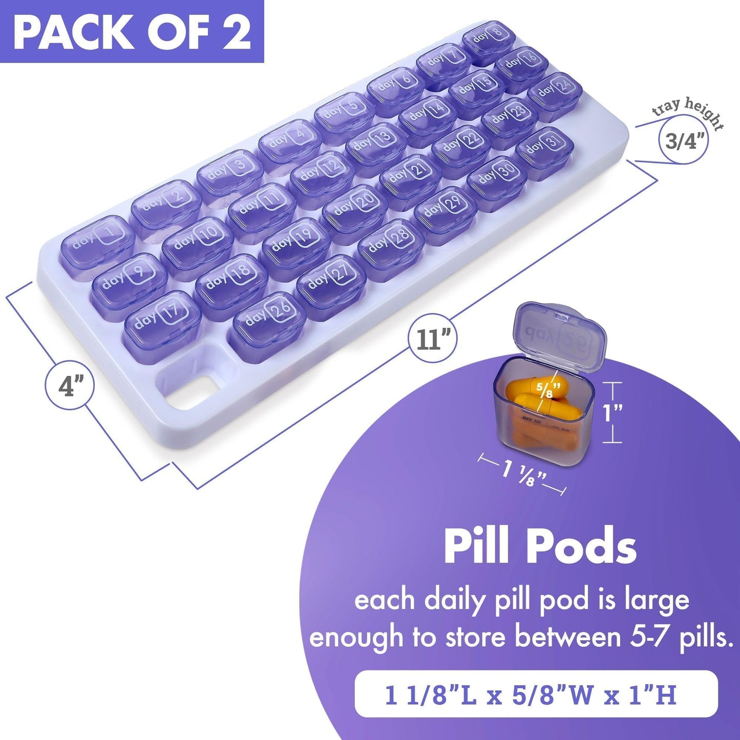Monthly Pill Organizer - (Pack of 2) 31 Day Pill Organizer with Large Removable Medication Pods, Portable Pill Case Box and Holder for Daily Medicine and Vitamins for Travel, Purple