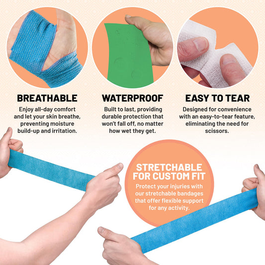 12 Pack, Self Adherent Cohesive Tape - 2” x 5 Yards, Self Adhesive Bandage Rolls and Vet Wrap, Sports Athletic Wraps for Elbow Ankle, Wrist, Knee Sprains and Swelling (Assorted Neon Colors)