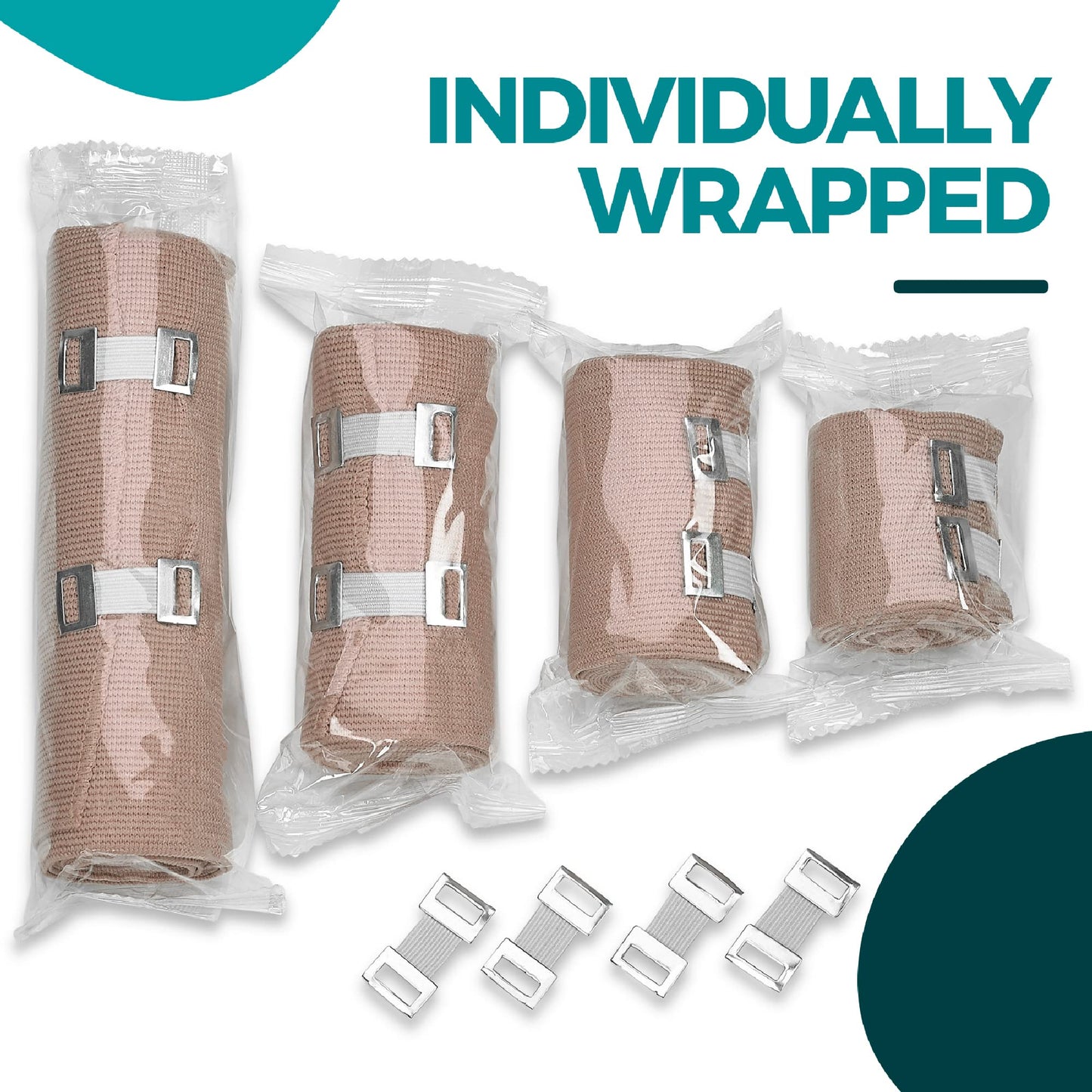 MEDca Elastic Compression Bandage Wrap - First Aid Bandages Roll Measures 2", 3", 4", 6" x 5 Ft with 4 Extra Hooks | Athletic Sports Stretch Wraps for Ankle, Wrist, Arm & Leg Sprains (Pack of 4)