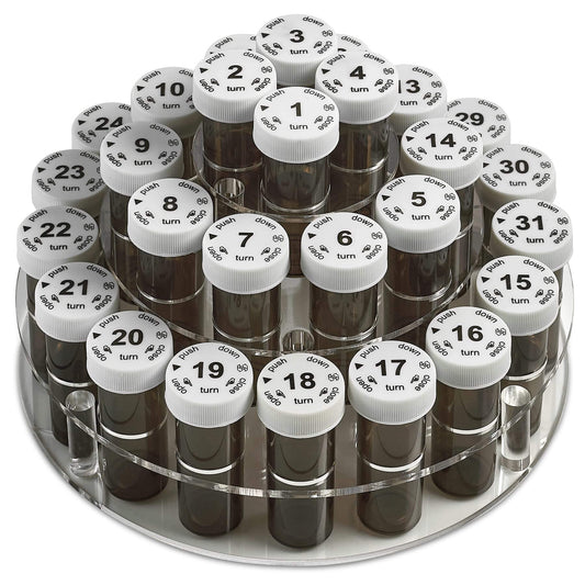 Monthly Pill Bottle Organizer Caddy - 31 Numbered Full-Size Pill Bottles w Child-Proof Lids for Each Day of the Month- Clear Rack and Easy to Use for Daily Dose of Medication Vitamins and Supplements