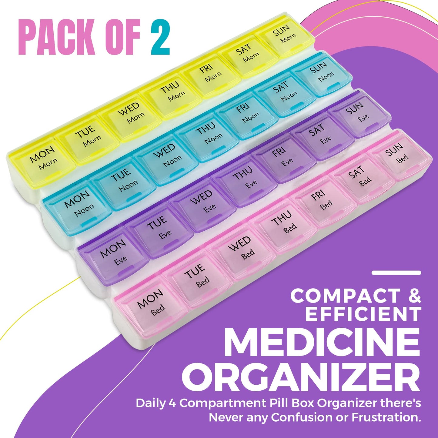 Weekly Pill Organizer - 4-Times-a-Day Pill Planner (Pack of 2) Pill Box Separates Pills & Vitamins with Daily Morning, Noon, Evening & Night Compartments, Travel Medication Reminder Monday to Sunday