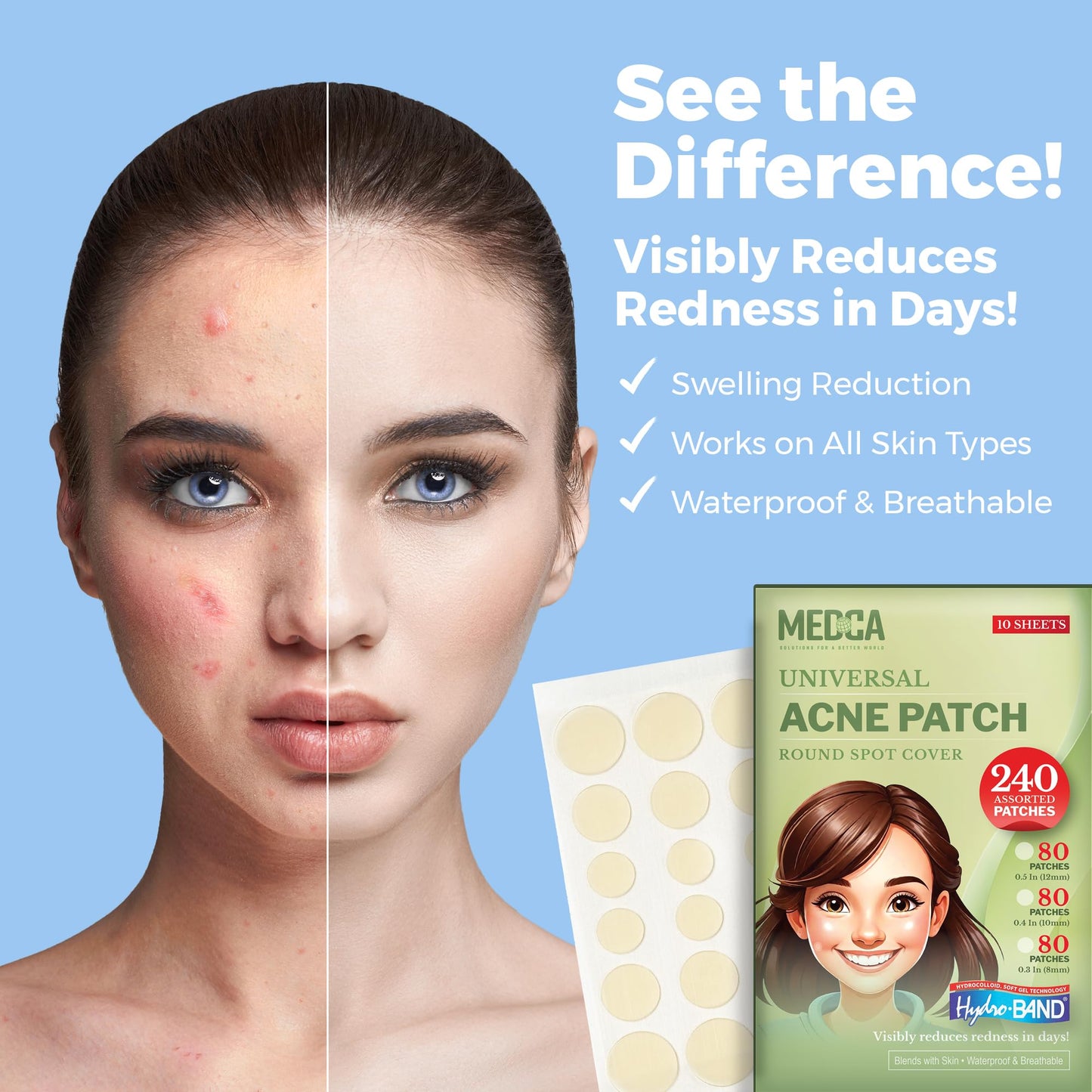 Acne Absorbing Covers - Hydrocolloid Acne Care Bandages (240 Count) Three Universal Patch Sizes, Acne Blemish Treatment for Face & Skin Spot Pore Patch that Conceals, Reduce Pimples and Blackheads
