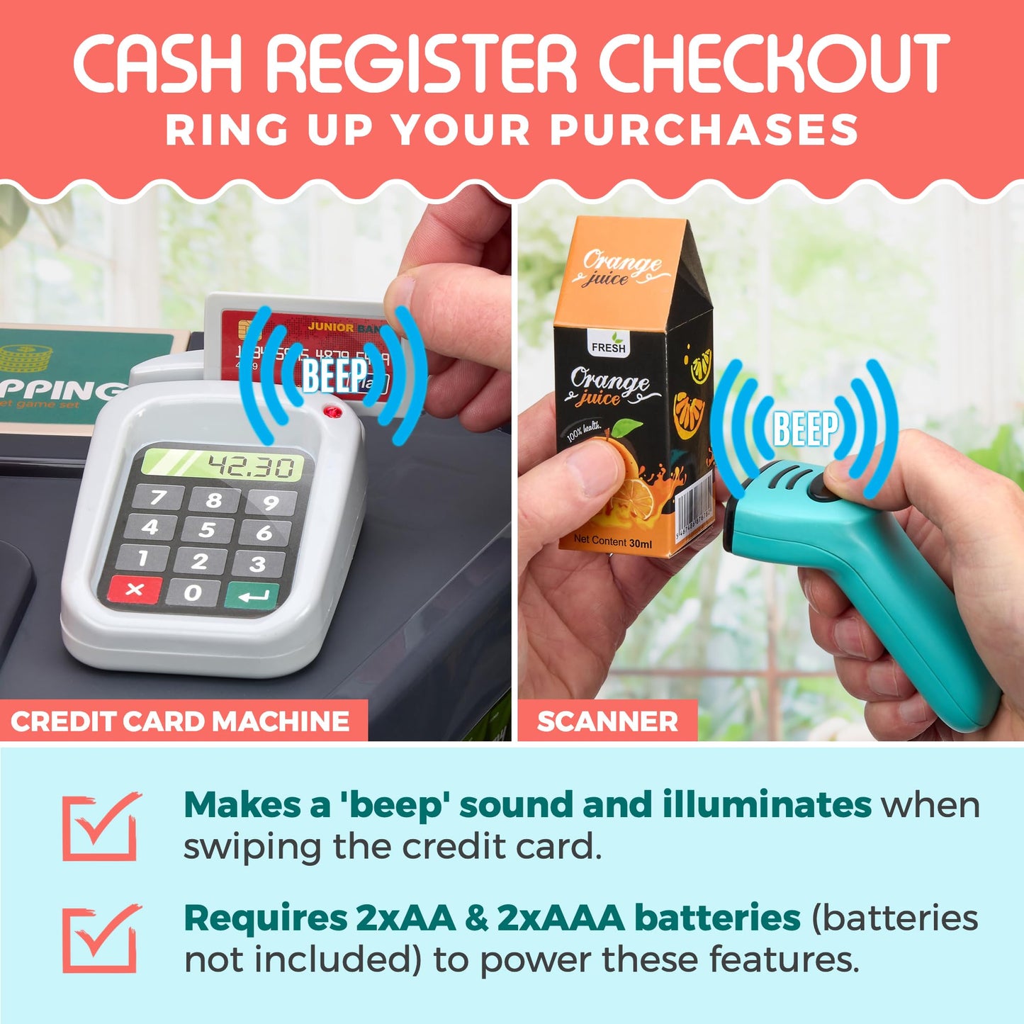 MEDca Kids Play Supermarket Set with Scanner - Pretend Play Grocery Shop Set - 47 Piece Complete Playset with Cash Register Credit Card Machine Scanner Shop Trolley and Food Gift for Boys and Girls