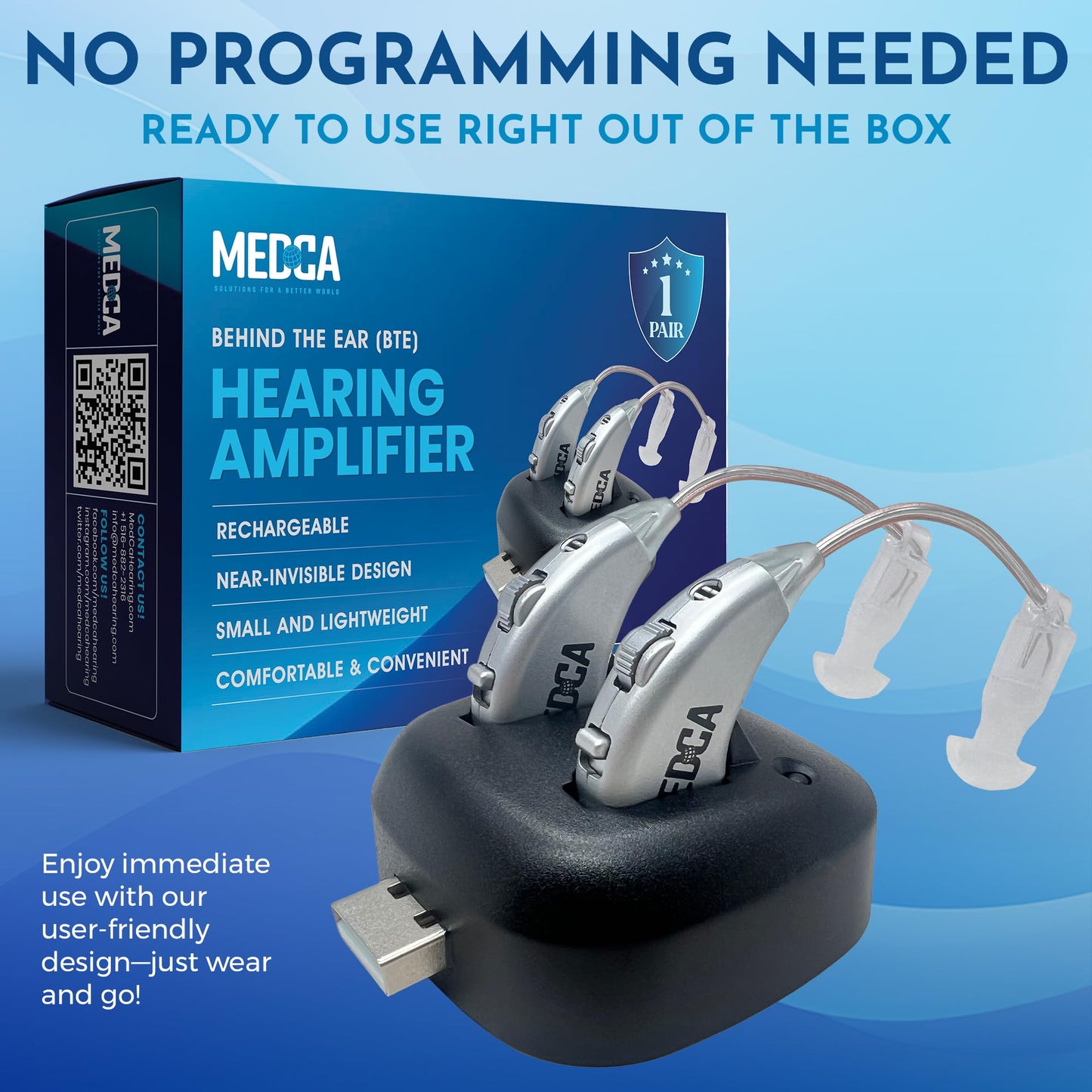Digital Hearing Amplifiers - Pair of Rechargeable BTE Personal Sound Amplifier with USB Dock - Premium Behind The Ear Sound Amplification - by MEDca