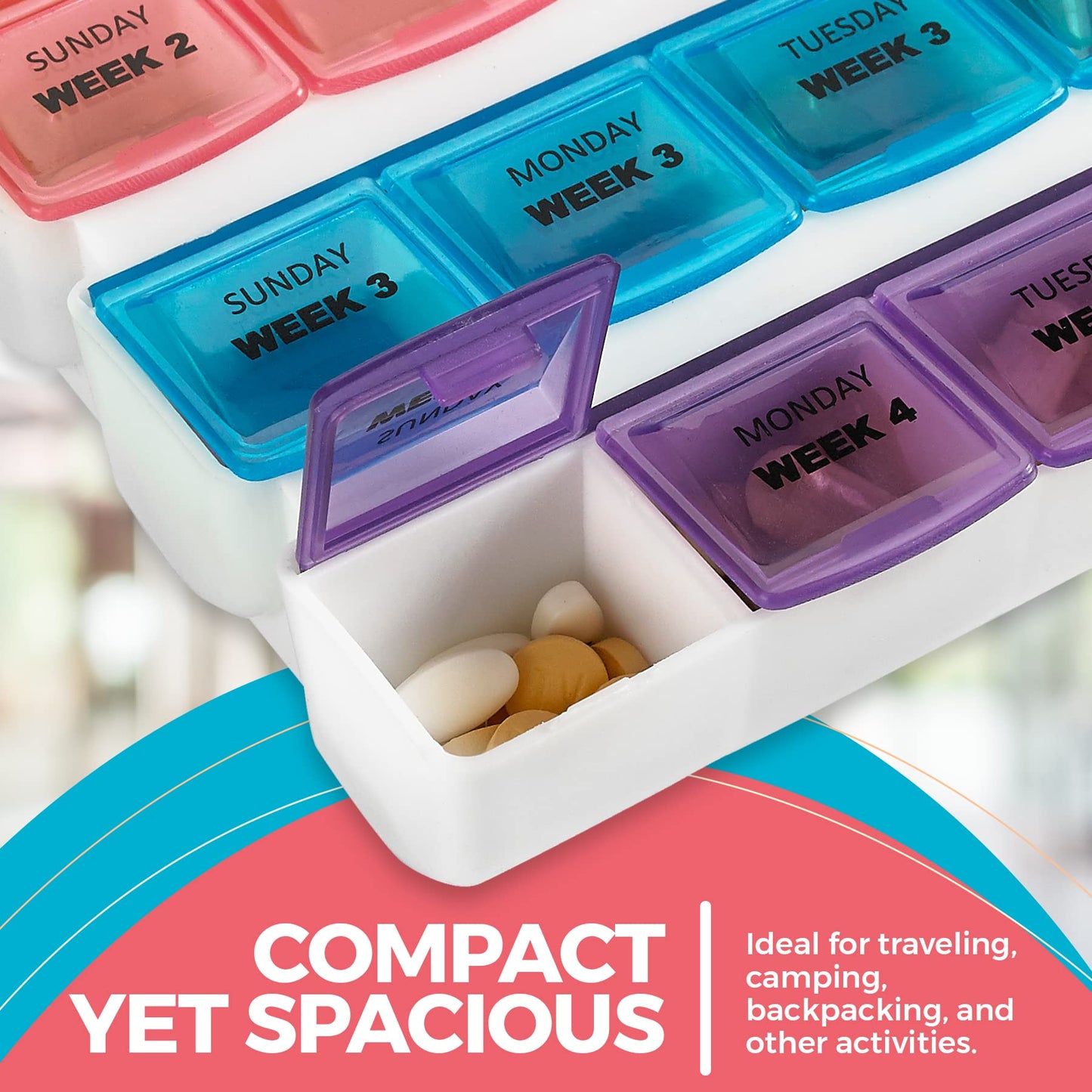 Monthly Pill Organizers - (Pack of 2) 28 Day Monthly Pill Planners to Separate Pills & Vitamins Week to Week, Travel Medication Reminder Daily Monday to Sunday Compartments