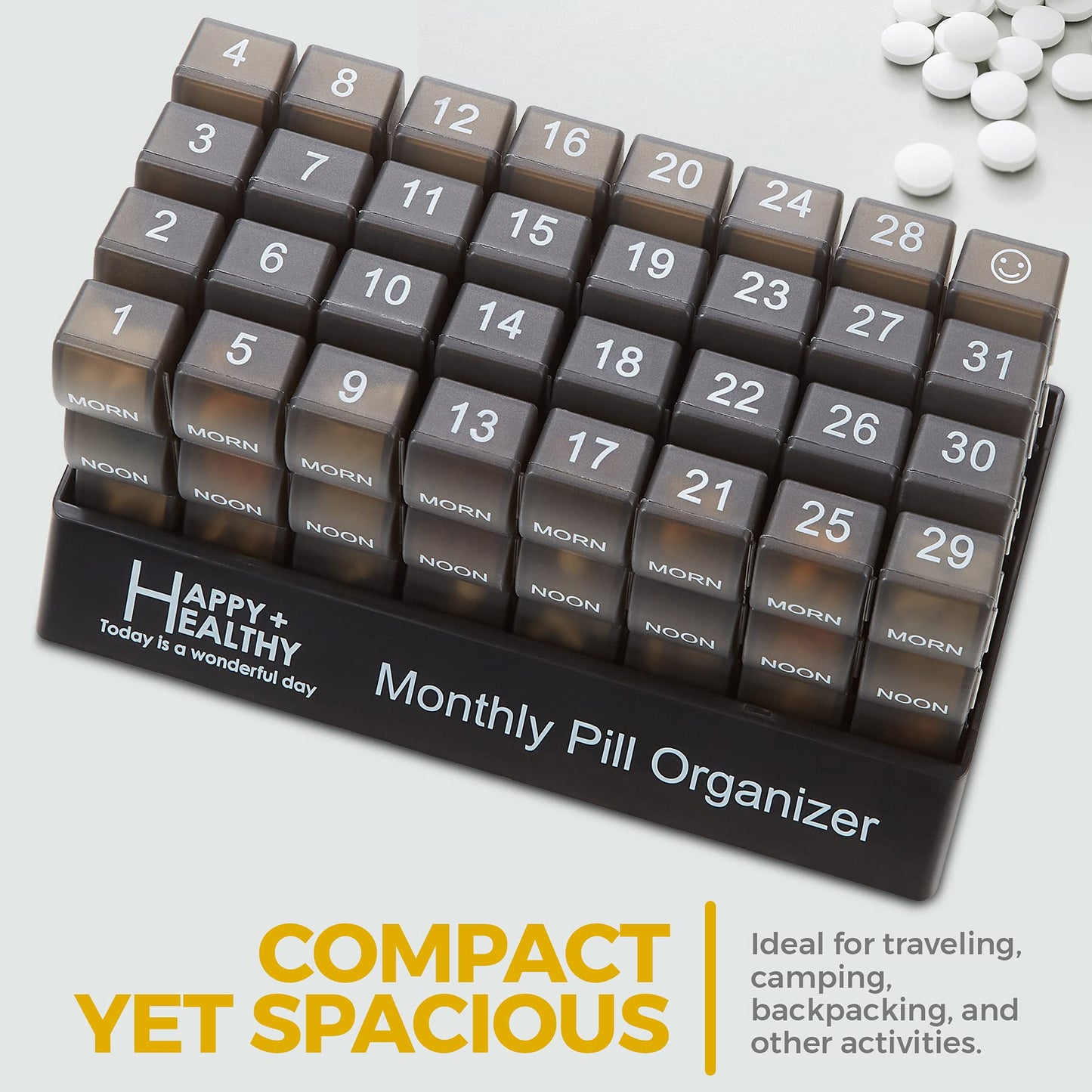 Month Pill Box Organizer - 32 Compartments | Morning-Noon-Night - 30 Day Pill Case with 32 Daily Compartments for Vitamins, Supplements, Medication - Travel Monthly Pill Organizer 3 Times-a-Day, Black