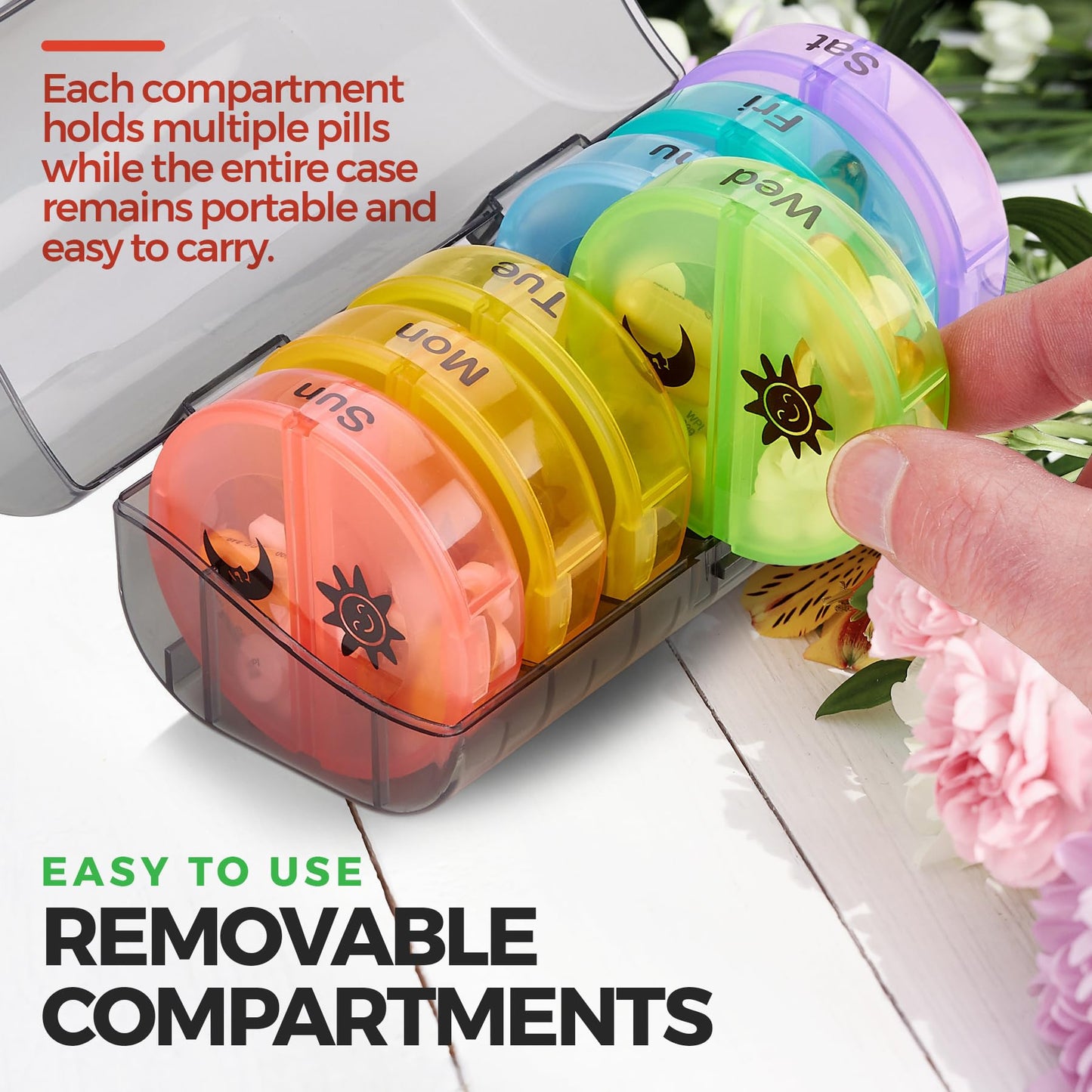 Weekly Pill Organizer - 2 Times-A-Day Compartments - 7 Day AM/PM Pill Container - Portable, Durable and Convenient Travel Pills Case for Tablets, Fish Oils, Vitamins and Supplements, Rainbow, 2 Pack