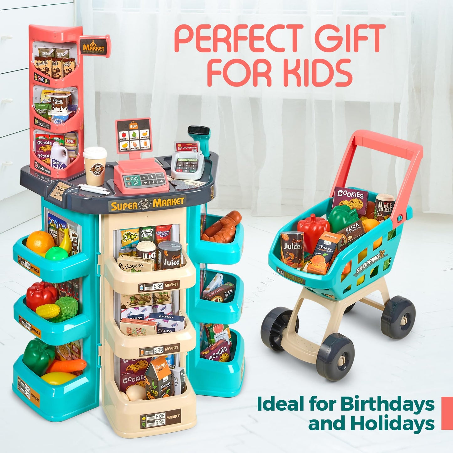 MEDca Kids Play Supermarket Set with Scanner - Pretend Play Grocery Shop Set - 47 Piece Complete Playset with Cash Register Credit Card Machine Scanner Shop Trolley and Food Gift for Boys and Girls