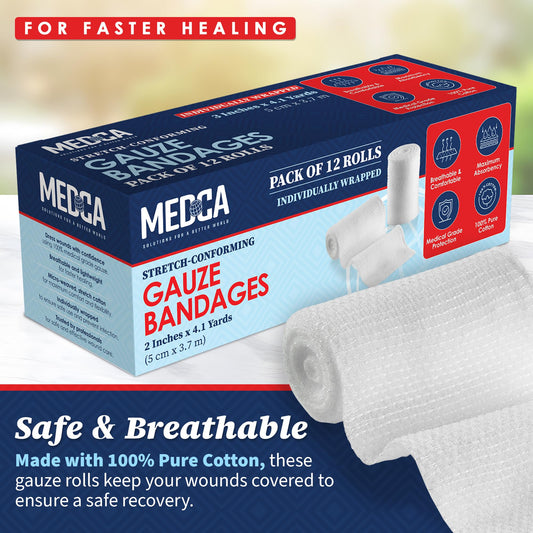 Gauze Bandage Rolls - (12 Pack) 2 in x 4.1 Yards Per Roll of Medical Grade Gauze Bandage and Stretch Bandage Wrapping for Dressing All Types of Wounds and First Aid Kit by MEDca, (2-Inch, 12 Pcs)