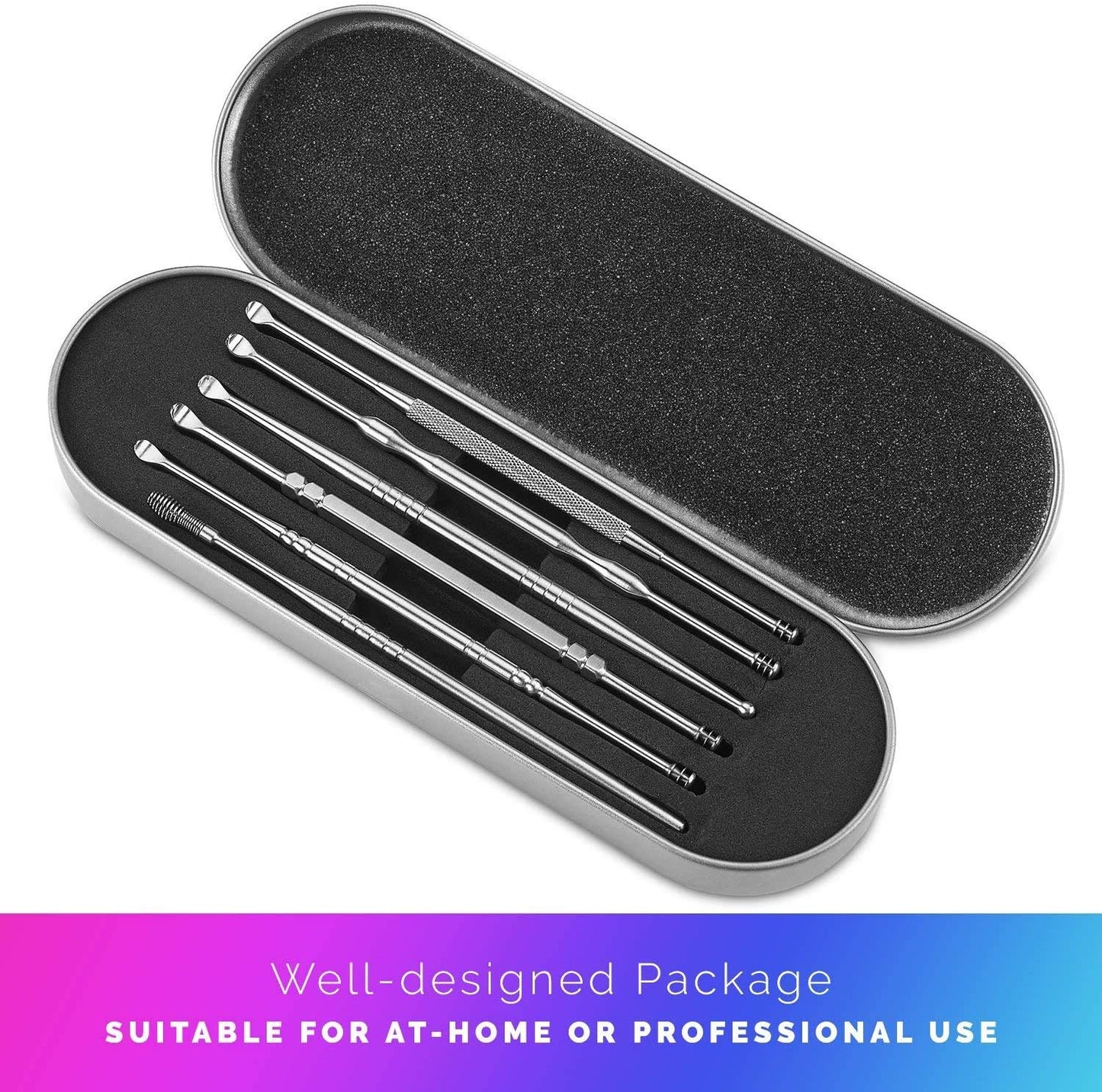 Ear Wax Removal Kit - 6 Piece Ear Cleansing Tool Set, Stainless Steel Ear Curette Earwax Removal Kit for Thorough Ear Cleaner with Spiral Spring Cleaner Pick Unclogger with Storage Case