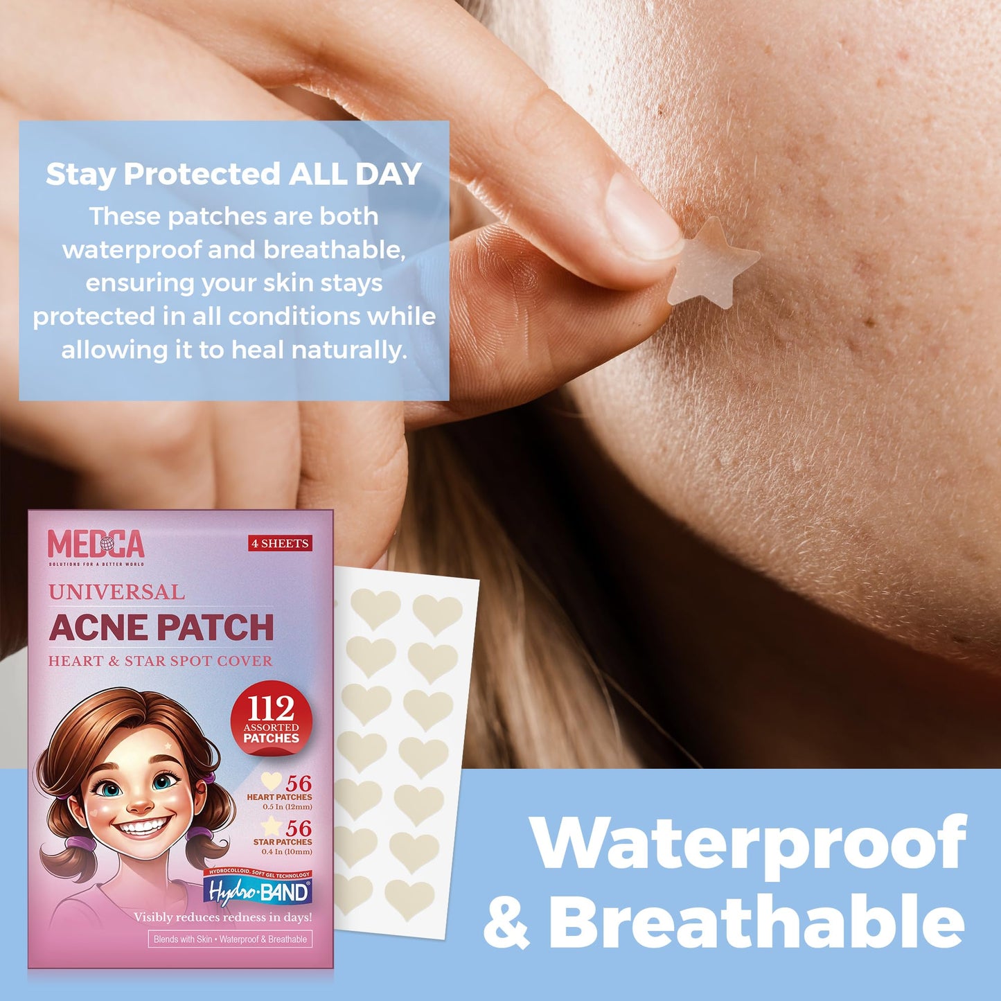 Acne Patches for Face - Hydrocolloid Bandages (112 Count) Pimple Patches for Face in Hearts & Stars, Acne Spot Treatment Care for Face & Skin Spot Patch Conceals Zits, Acne and Blackheads